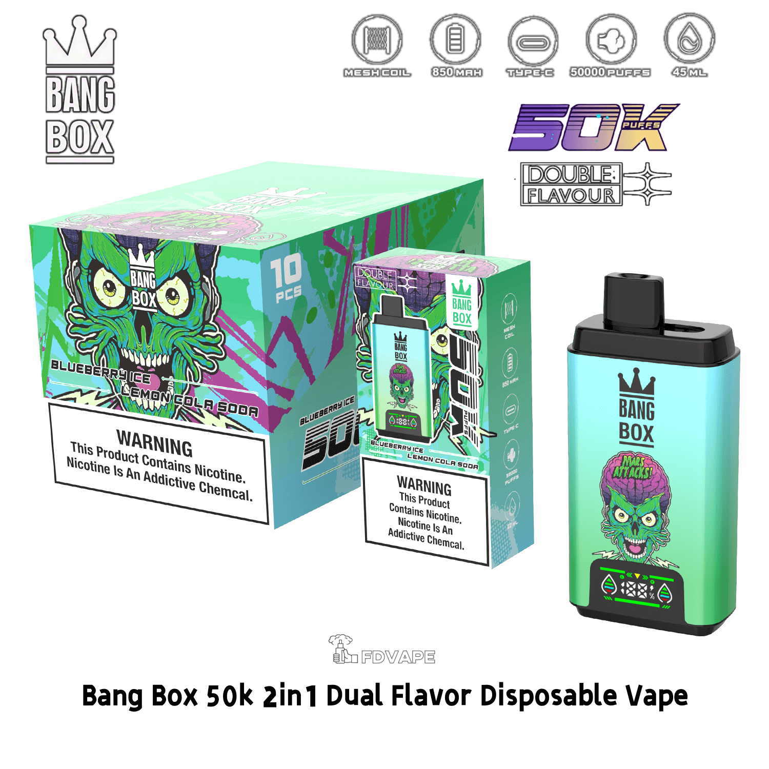 soda flavored disposable vape Bang Box 50000 50K Puffs 2 in 1 Dual Flavor Pod 0% 2% 3% 5% Nicotines 12Tastes Smart screen Vape Factory Direct Size & Strength:0 mg - 120 ml Meta_label_Uses Pre-Filled Pods Disposable vapes ban begins