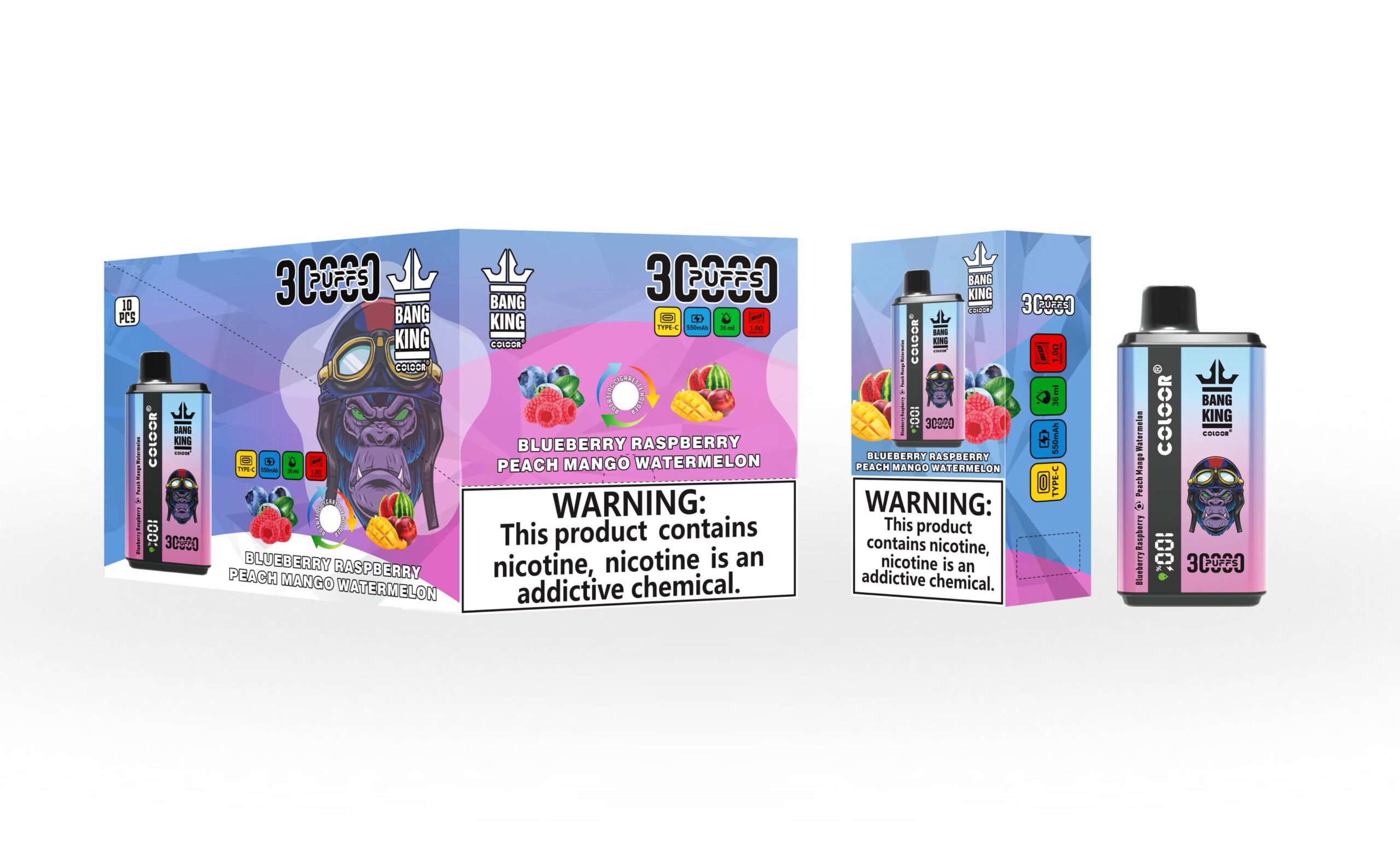 Bang King 30000 30k Puffs Double Goût Vape Jetable 0% 2% 3% 5% Nicotine 12  Goûts Affichage LED Direct Usine