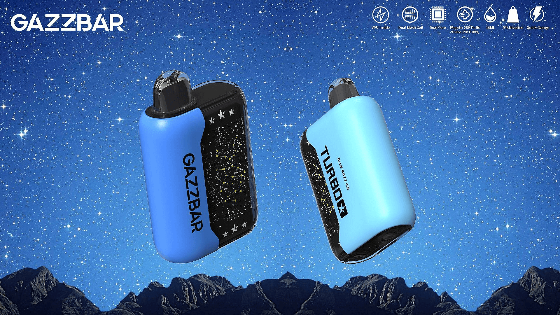Deux appareils de vapotage GAZZBAR bleus flottant dans un fond de ciel étoilé avec des montagnes en bas.