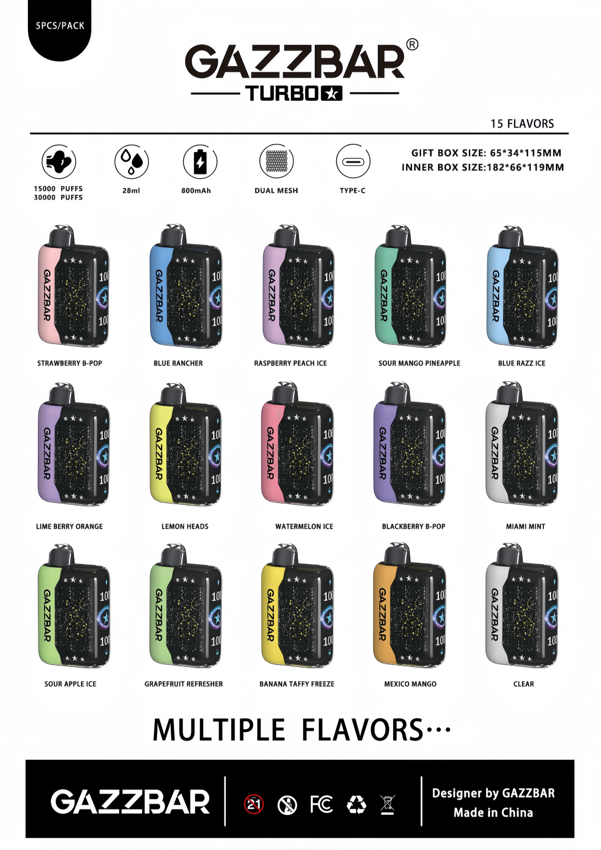 "Fiche produit de l'appareil de vapotage jetable Gazzbar Turbo présentant 15 saveurs, double maille, 15 000 à 30 000 bouffées, une capacité de 28 ml, une batterie de 800 mAh et un chargement de type C."