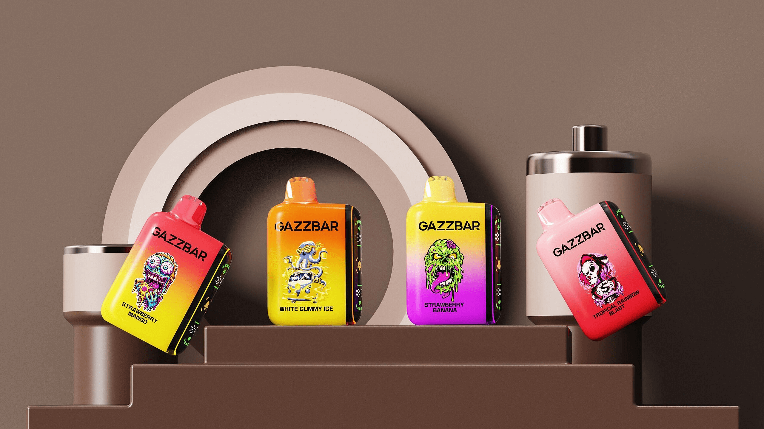 Quatro dispositivos de vaporização GAZZBAR coloridos com designs vibrantes apresentando personagens de desenhos animados exibidos em um fundo marrom geométrico.