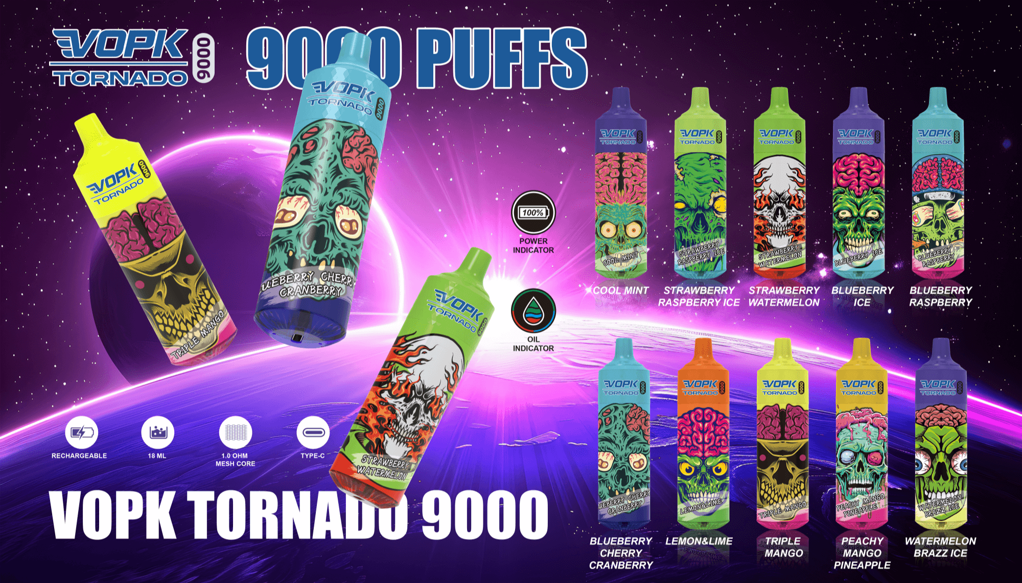 VOPK Tornado 9000 vape devices featuring various flavors like Triple Mango, Blueberry Cherry Cranberry, and Cool Mint, with colorful, skull-themed designs, and features such as rechargeable, 18ml capacity, 1.0 ohm mesh core, and Type-C charging.