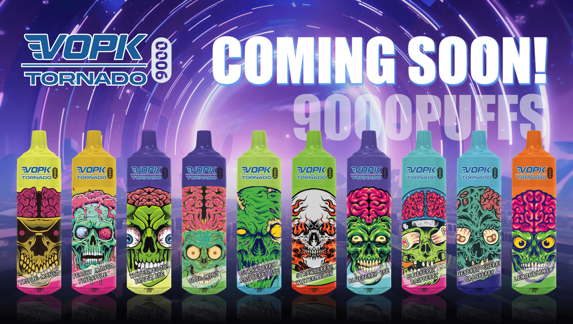 VOPK Tornado vape products with colorful, graphic skull designs, each labeled with a different flavor including Triple Mango, Peach Mango Pineapple, Watermelon Braz Ice, Cool Mint, Strawberry Raspberry Ice, Strawberry Watermelon, Blueberry Ice, Blueberry Raspberry, Blueberry Cherry Cranberry, and Lemon & Lime, with text reading "COMING SOON! 9000 PUFFS" in the background.