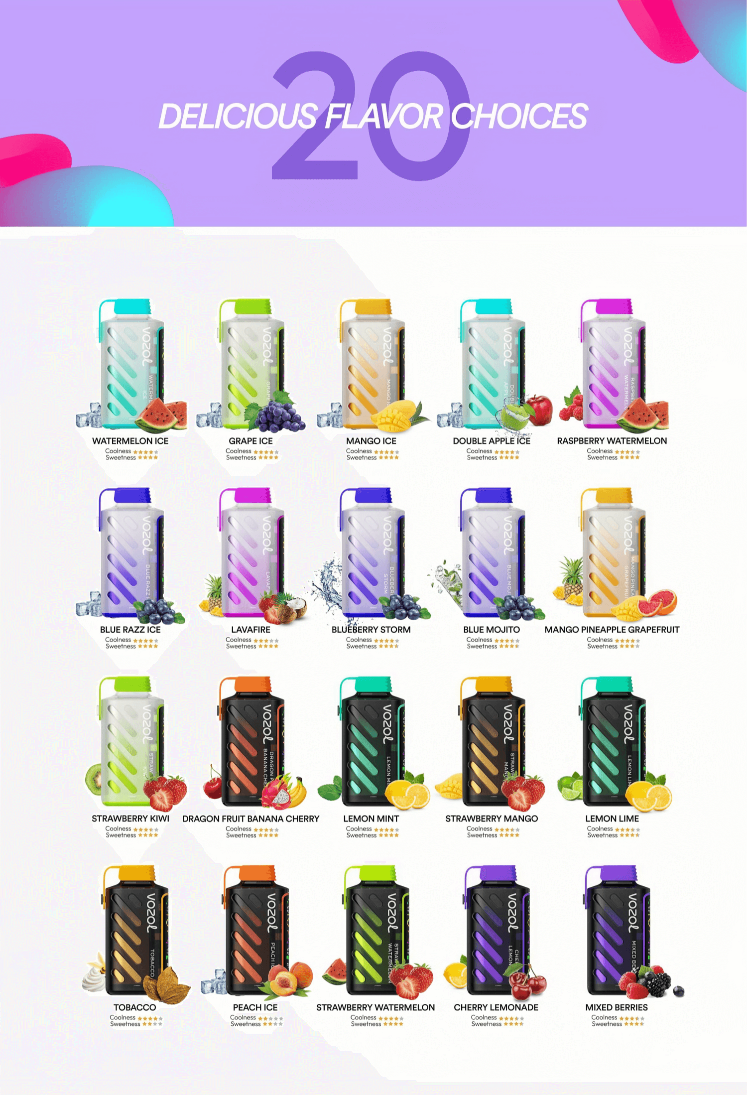 VOZOL Gear Power 20k 20000 Puffs Dual Mode Disposable Vape 5% Nicotine  20Tastes LED Display Factory Direct