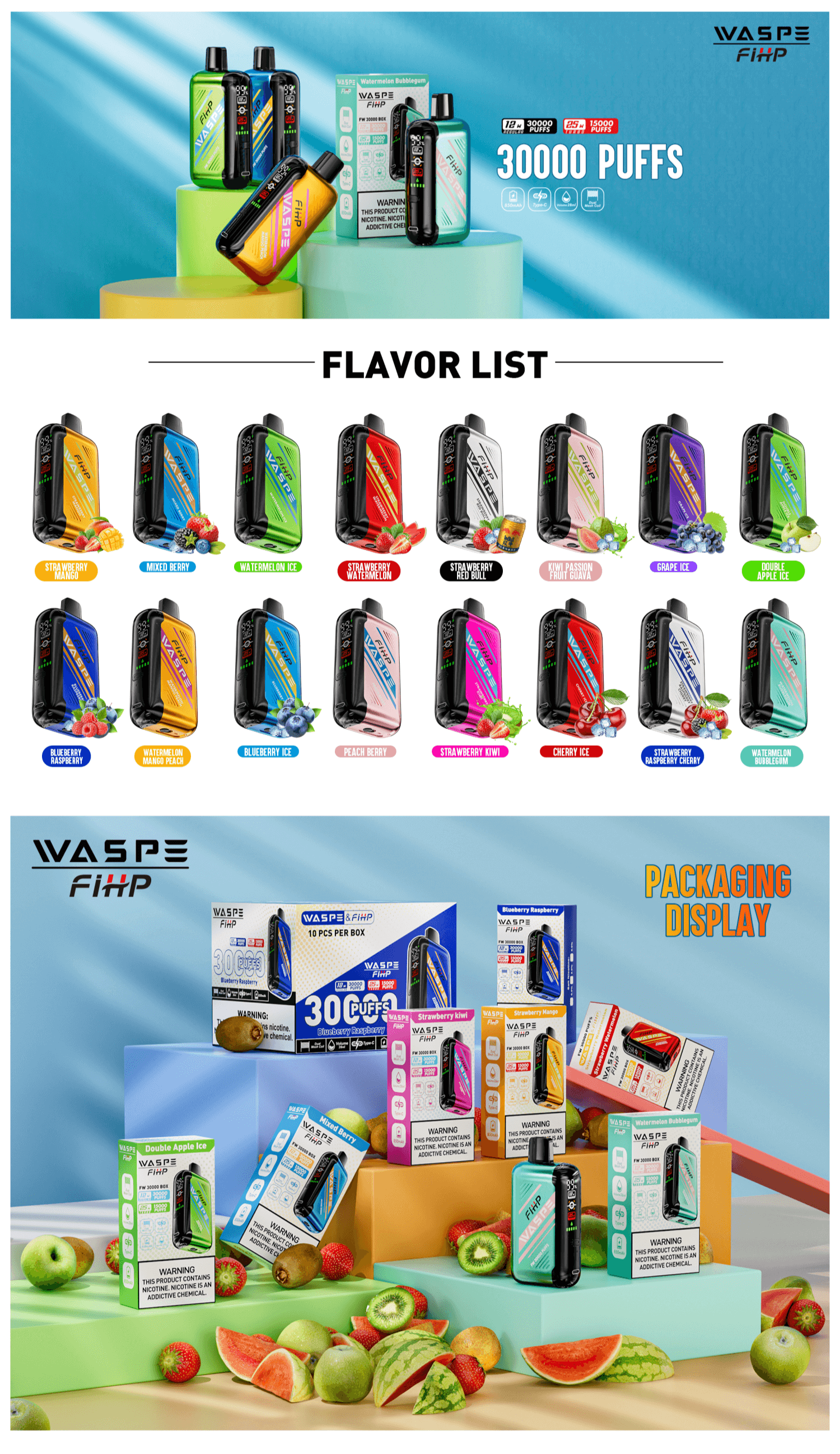 A variety of Wasp FiHP disposable vape devices displayed in multiple fruit flavors with 30,000 puffs, alongside their packaging on colorful pedestals and fruit arrangements.