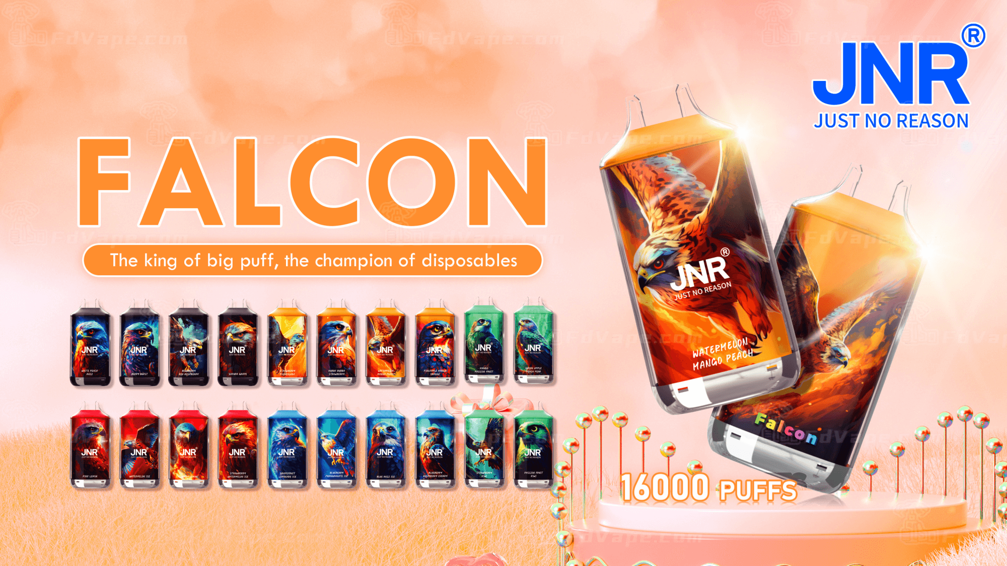 Image des appareils de vapotage jetables JNR Falcon présentés dans différentes saveurs avec un titre audacieux « FALCON », le slogan « Le roi des grosses bouffées, le champion des jetables » et le texte « 16 000 PUFFS » en orange sur un fond pêche doux.