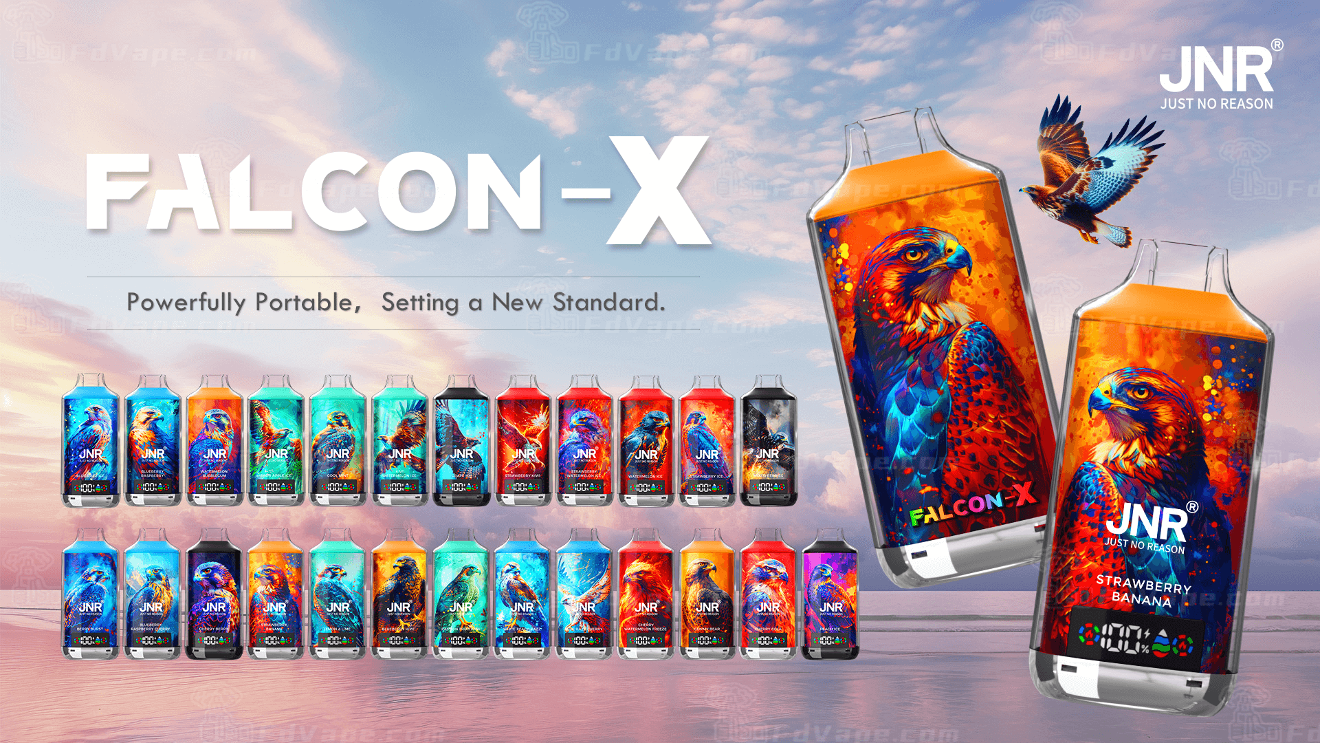 Falcon-X disposable vape devices with vibrant falcon artwork in various colors, featuring flavors and JNR branding against a pastel sky background with "Powerfully Portable, Setting a New Standard" slogan.
