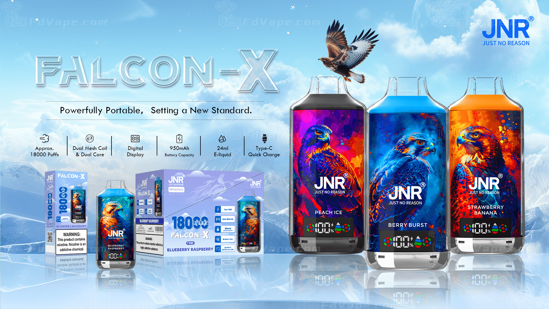 Falcon-X vape product advertisement featuring three devices with vibrant falcon illustrations in flavors Peach Ice, Berry Burst, and Strawberry Banana. Key features include 18,000 puffs, dual mesh coil, digital display, 950mAh battery, 24ml e-liquid, and Type-C charging.