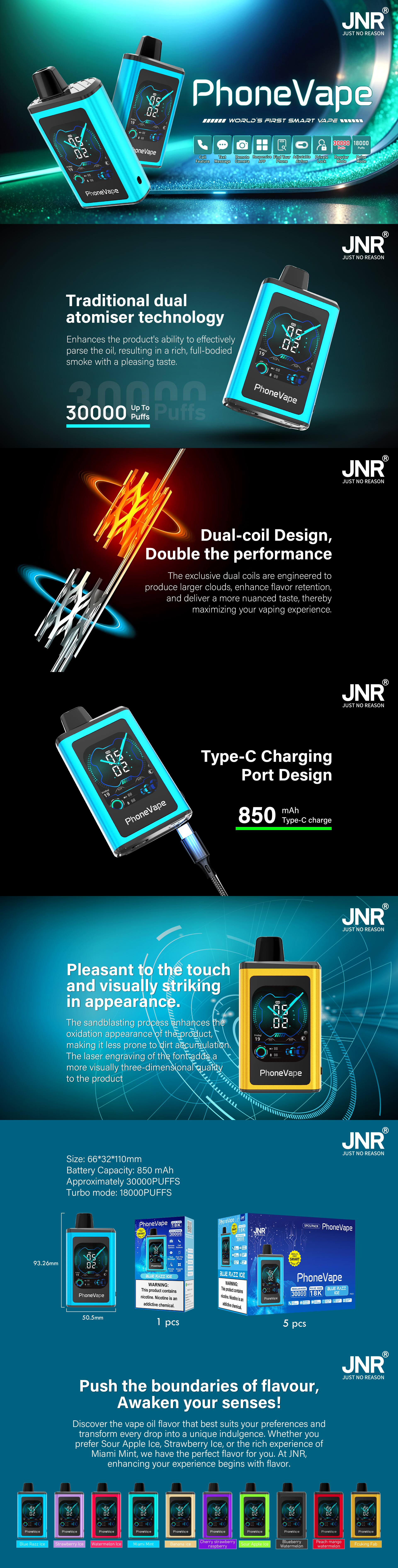 Appareil de vape intelligent PhoneVape dans un boîtier bleu avec un affichage numérique indiquant le niveau de batterie et le nombre de bouffées. Les caractéristiques comprennent la technologie d'atomiseur à double bobine, la charge de type C avec une batterie de 850 mAh, jusqu'à 30 000 bouffées et diverses options de saveur.