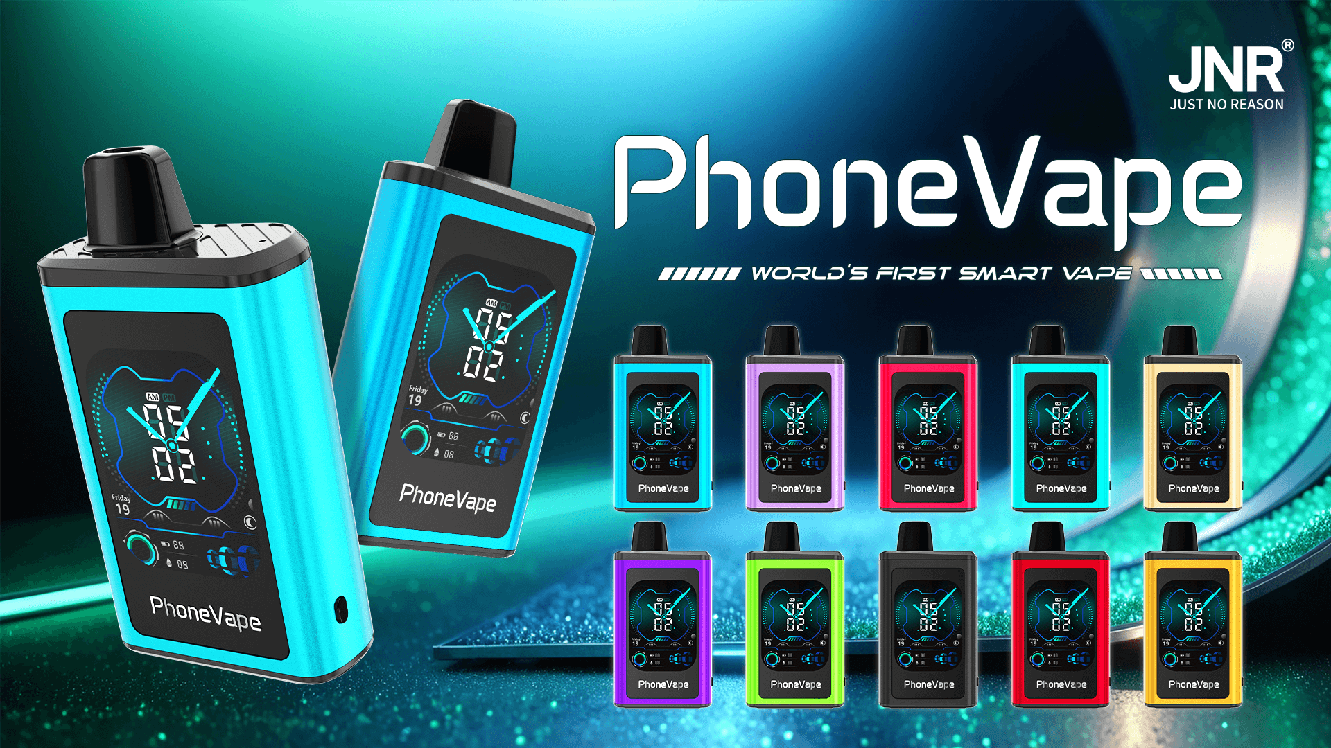 Image d'appareils PhoneVape en plusieurs couleurs avec écrans numériques, étiquetés « World's First Smart Vape » par JNR.