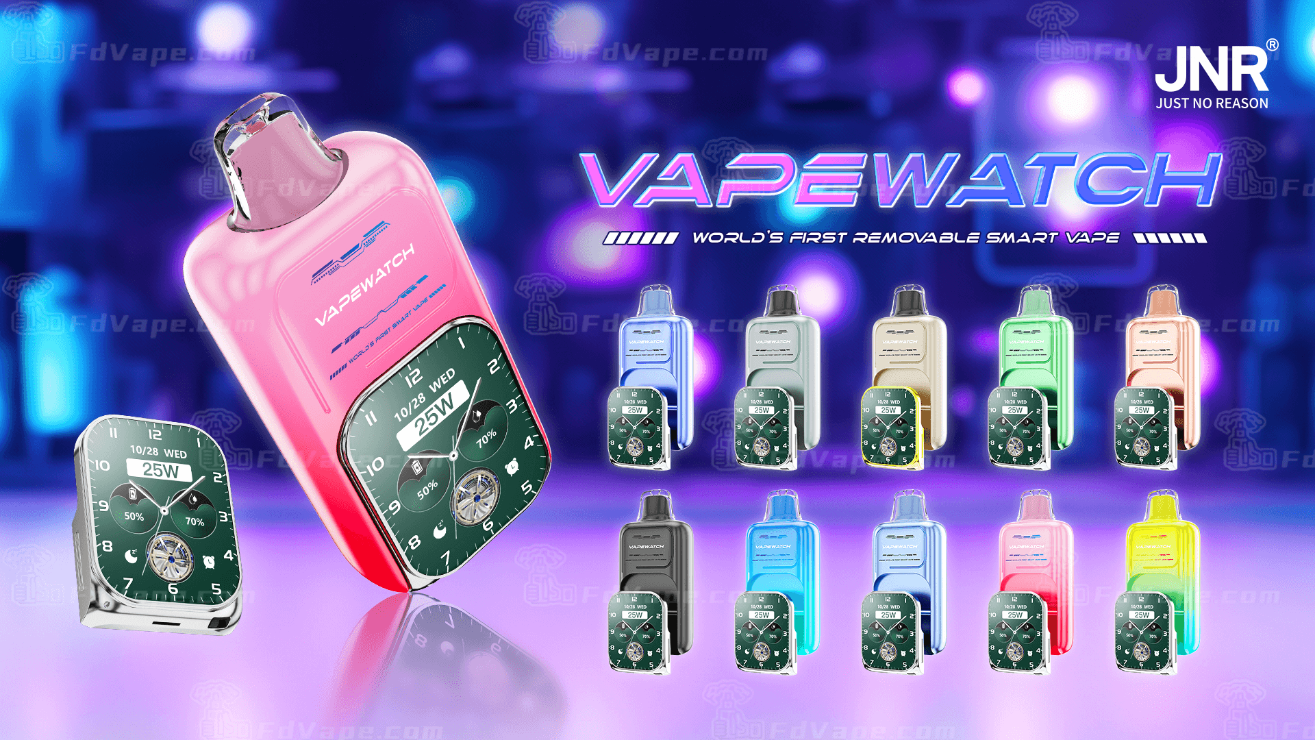 Colorful display of "VapeWatch," the world's first removable smart vape, in various colors with futuristic design elements and digital watch interfaces.