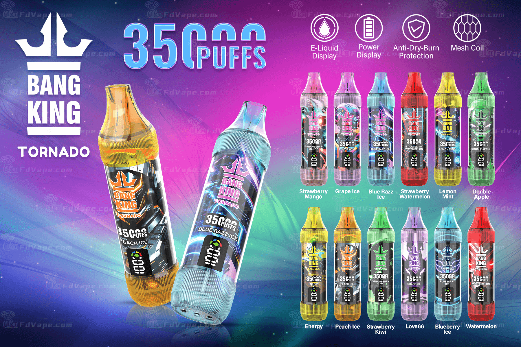 Bang King Tornado disposable vape with 3500 puffs, featuring multiple flavor options such as Strawberry Mango, Blue Razz Ice, and Lemon Mint, displayed with icons highlighting features like e-liquid display, power display, anti-dry-burn protection, and mesh coil technology.