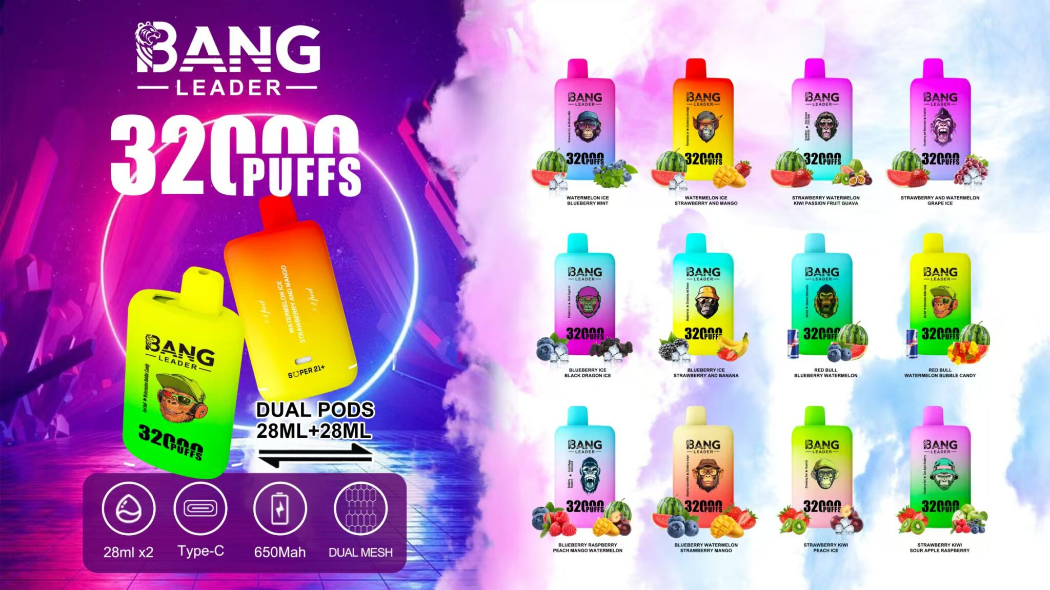 Un'immagine pubblicitaria per i dispositivi di svapo Bang Leader, che mostra i loro doppi pod da 32.000 boccate con diverse opzioni di aromi, circondati da una grafica al neon colorata su uno sfondo vivace.