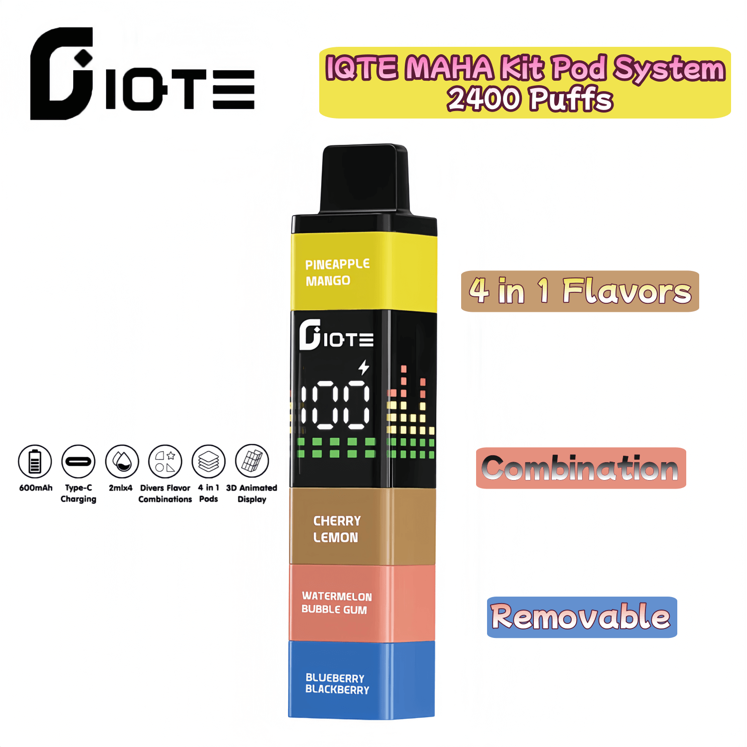 IQTE MAHA Kit 2400 Puffs Pod System 4-in-1 Flavors Combination Removable Disposable  Vape 3D Animated Display Factory Direct
