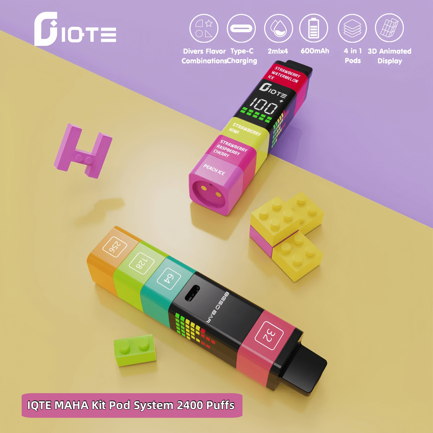 4 block vape IQTE MAHA Kit 2400 Puffs Pod System 4-in-1 Flavors Combination Removable  Disposable Vape 3D Animated Display Factory Direct