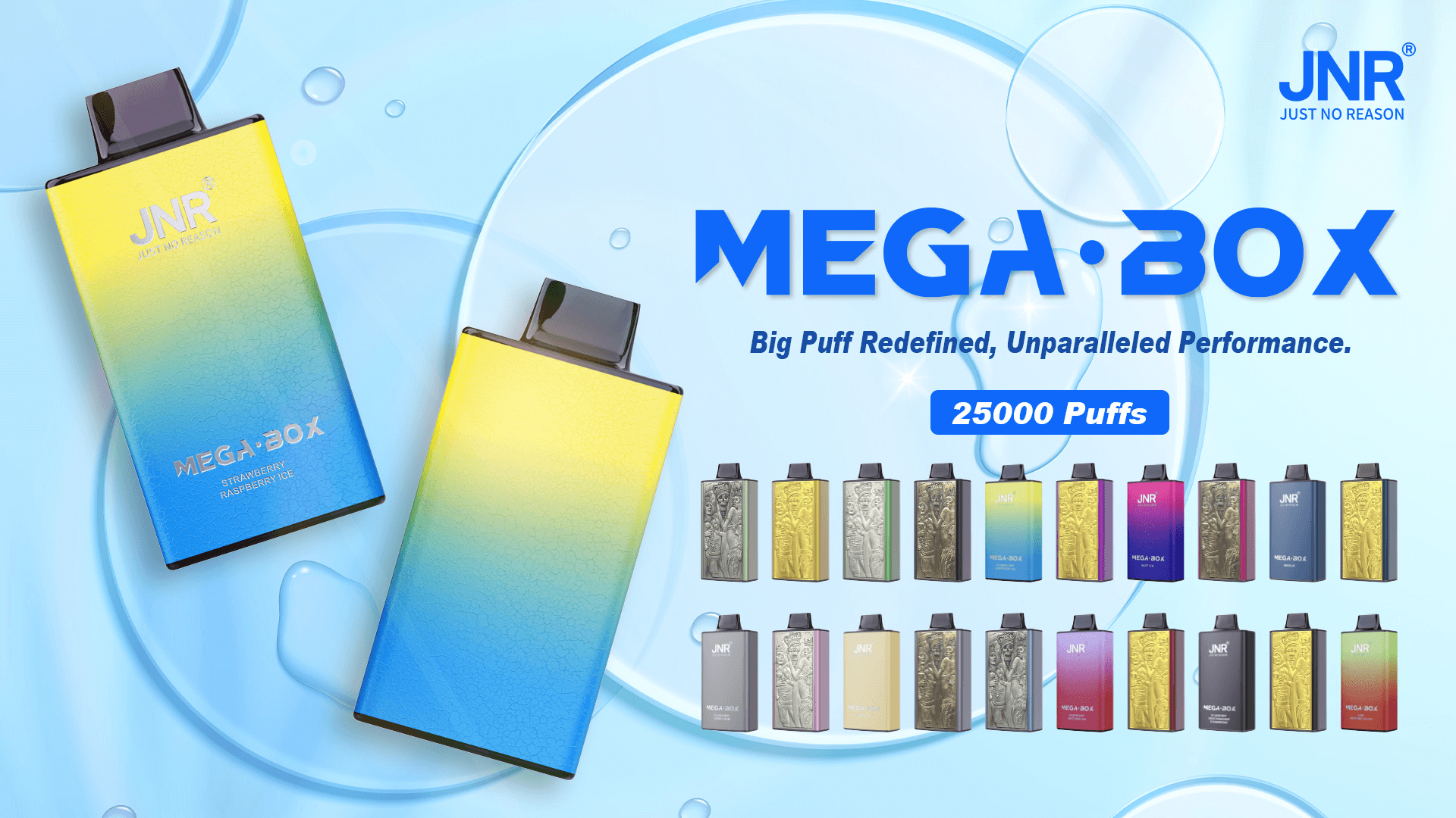 Image promotionnelle pour la vape JNR Mega Box, présentant un design dégradé bleu et jaune, avec le slogan « Big Puff Redefined, Unparalleled Performance », offrant 25 000 bouffées et une variété d'options de couleurs affichées ci-dessous.