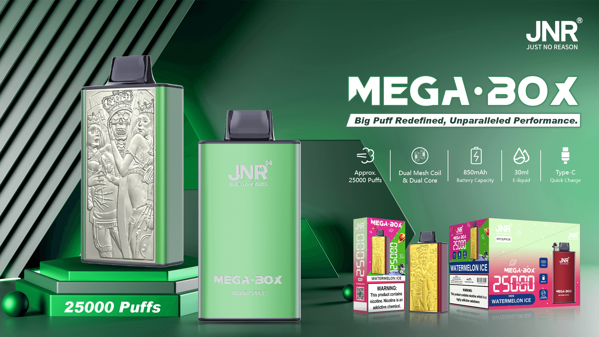 Un présentoir marketing présentant la vape JNR Mega-Box avec divers packs aromatisés, mettant l'accent sur des caractéristiques telles que 25 000 bouffées, une bobine à double maille, une grande capacité de batterie et différentes saveurs, sur un fond dégradé vert.