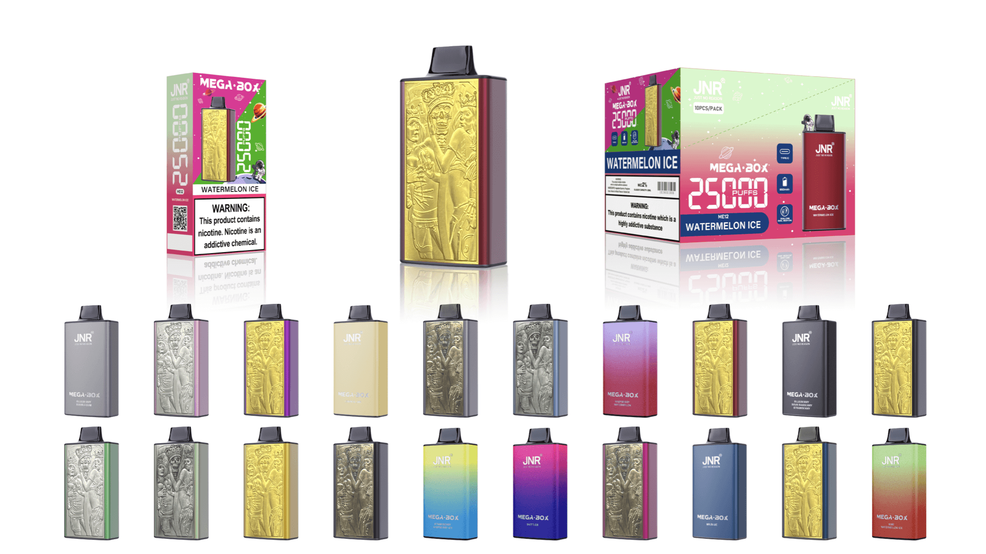 Une collection d'appareils de vapotage colorés avec des motifs ornés sur leur corps, présentés à côté de leur emballage affichant une saveur et un avertissement concernant la nicotine.
