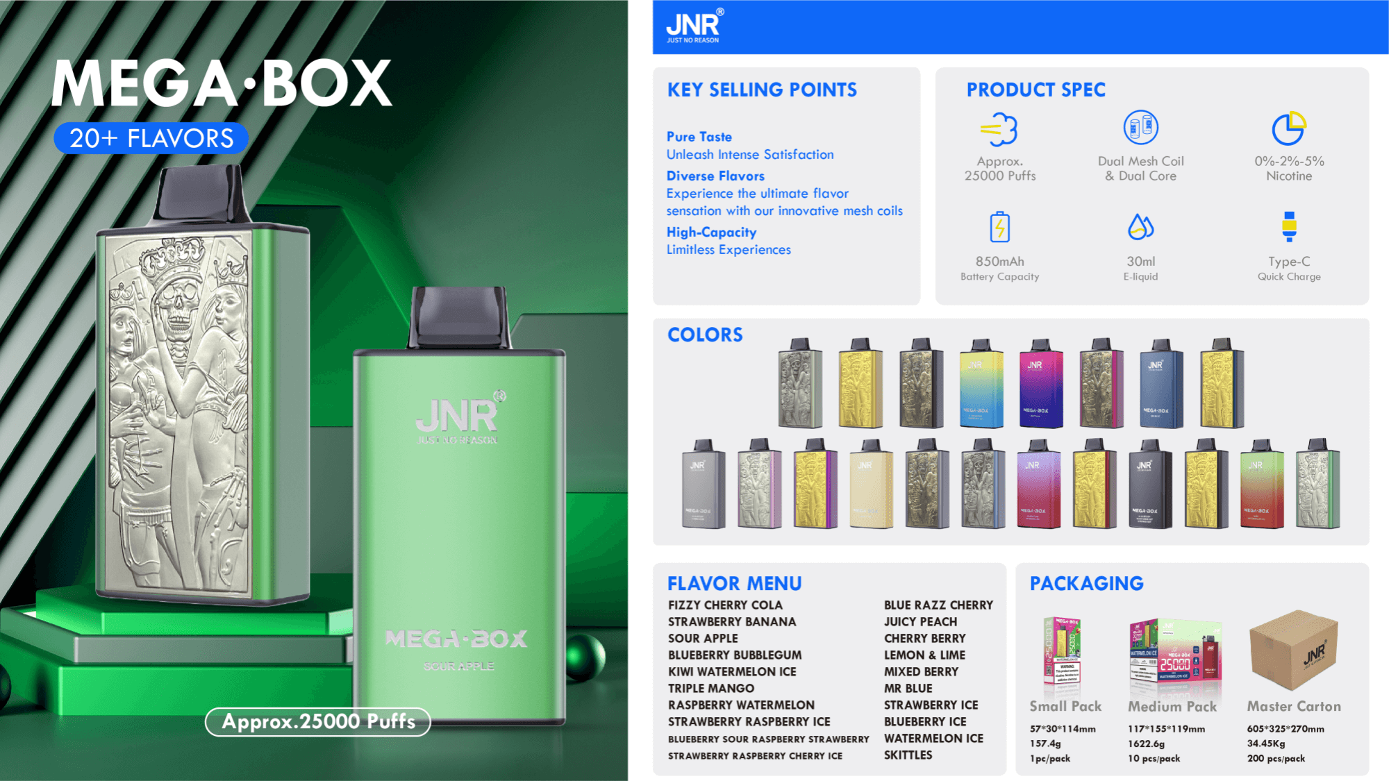 Image promotionnelle présentant les produits de vapotage JNR Mega-Box avec les saveurs, les spécifications et les détails de l'emballage associés. Comprend un design écologique, des options de saveurs et des statistiques d'utilisation.