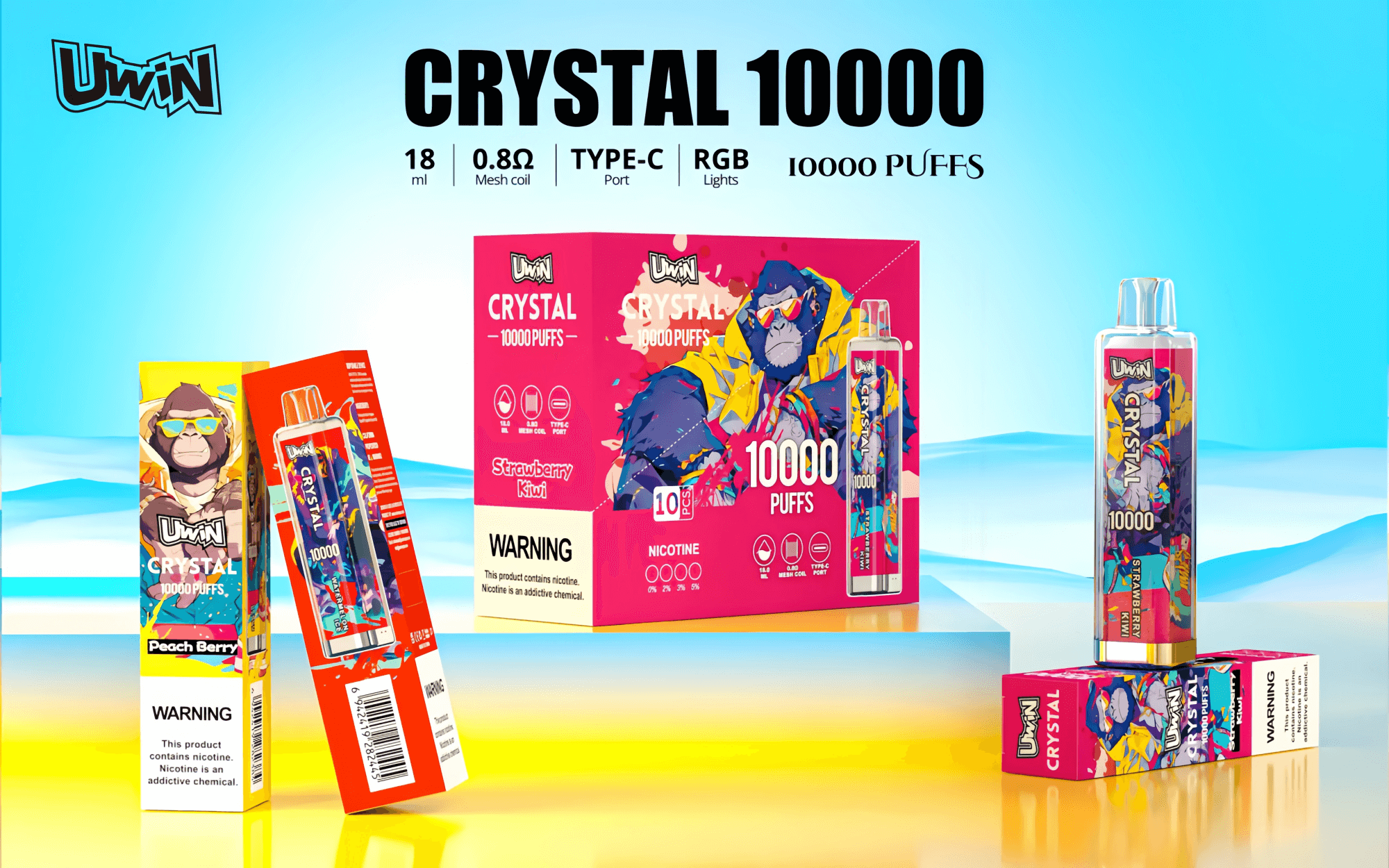 Promotional image for UWin Crystal 10000 e-cigarettes featuring colorful packaging with a gorilla design and product specifications such as 18ml capacity, 0.8Ω mesh coil, and RGB lights, highlighting flavors and safety warnings.