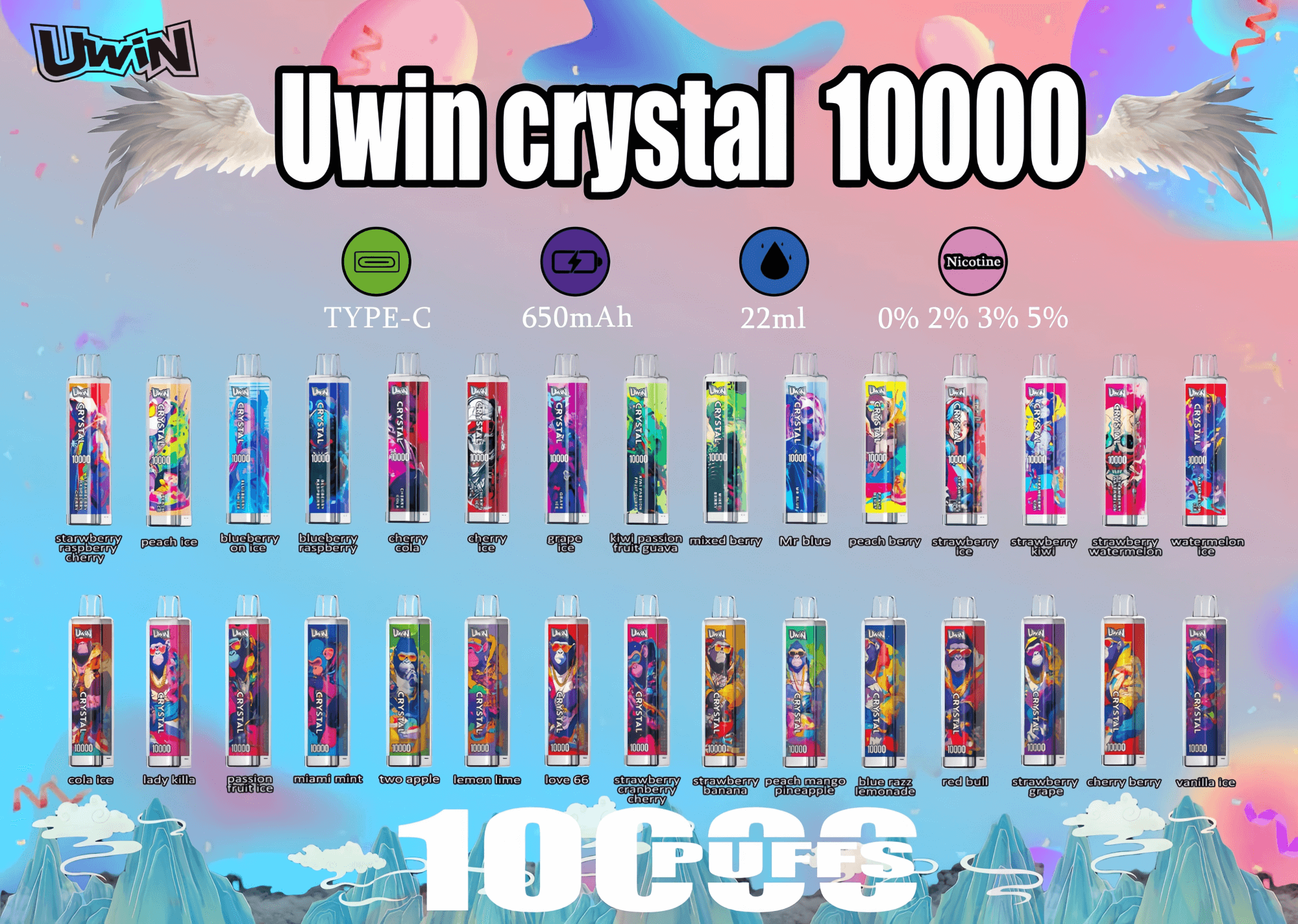 Promotional graphic for Uwin Crystal 10000 showcasing various electronic vaping devices with colorful designs and a range of flavors, specifications like 22ml capacity, 650mAh battery, recharge capability via Type-C, and nicotine options from 0% to 5%.