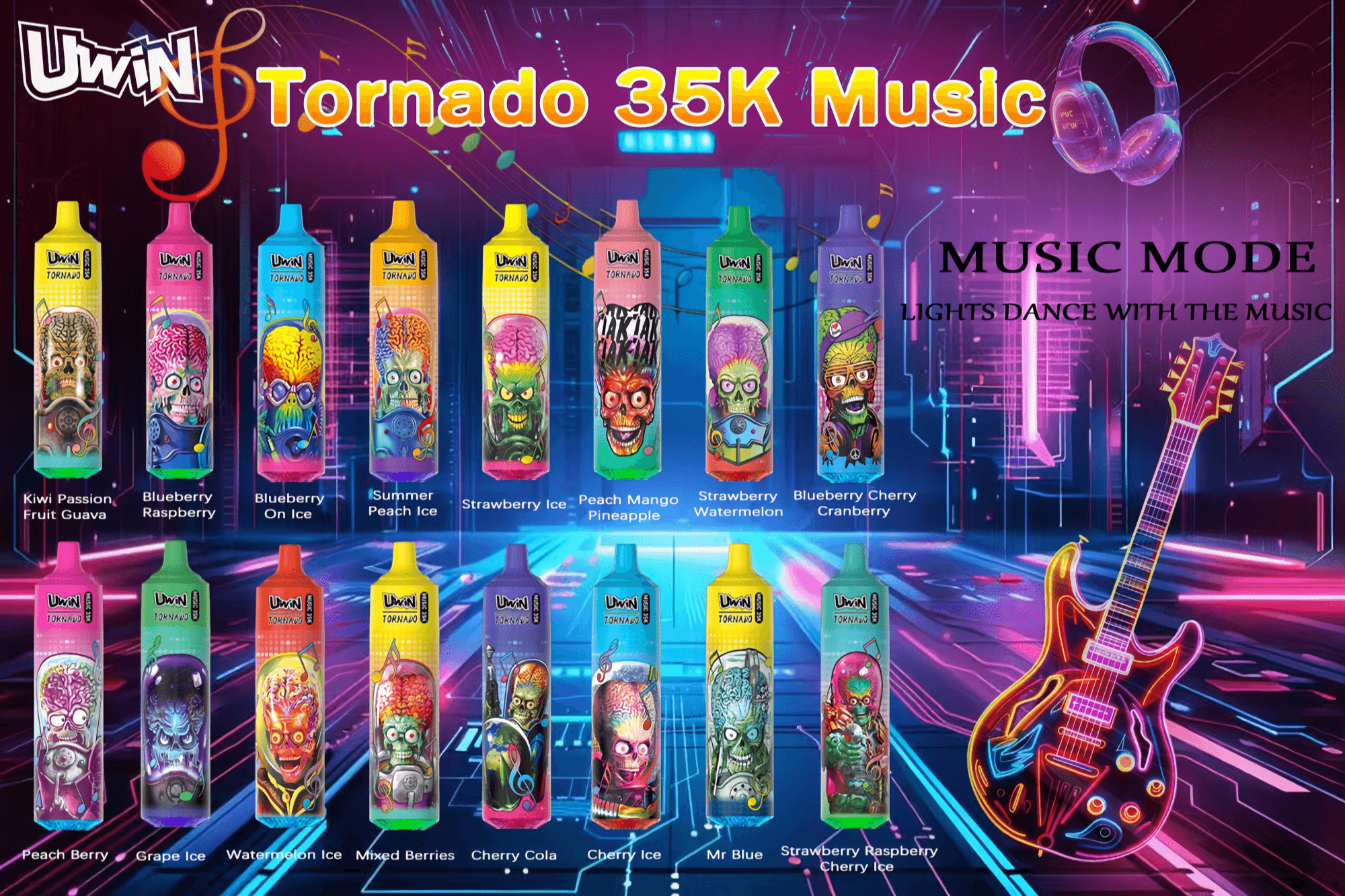 Promotional graphic for "UWIN Tornado 35K Music" disposable vaping devices featuring colorful, intricate designs, with flavors and precise models displayed, set against a vibrant, futuristic music-themed background.
