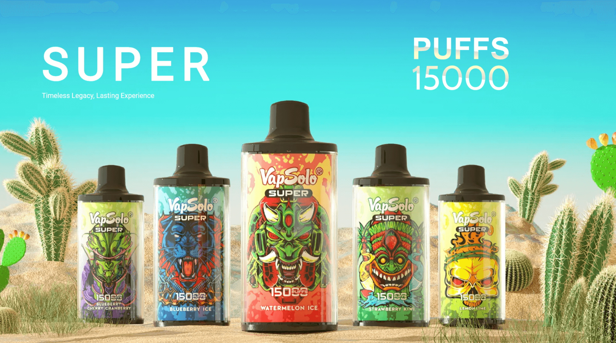 En samling VapSolo Super vape-enheter i färgglada förpackningar som visas mot en bakgrund med ökentema med kaktusar och en klarblå himmel, som framhäver 15 000 bloss.