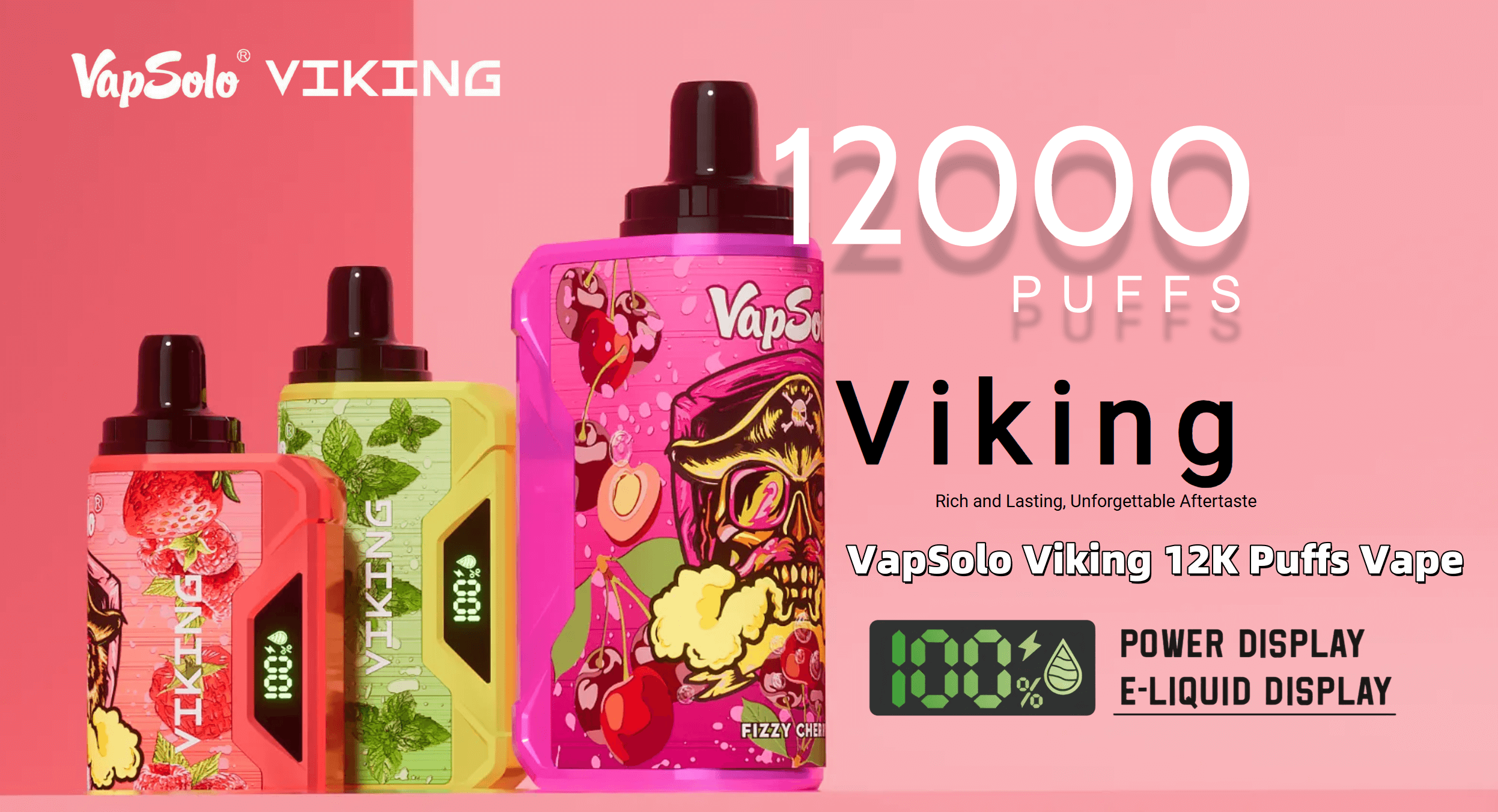 Publicité pour VapSolo Viking 12K Puffs Vape présentant des appareils de vape colorés avec des graphismes sur le thème des fruits et des icônes d'affichage électronique mettant l'accent sur la puissance et les niveaux d'e-liquide, sur un fond rose.