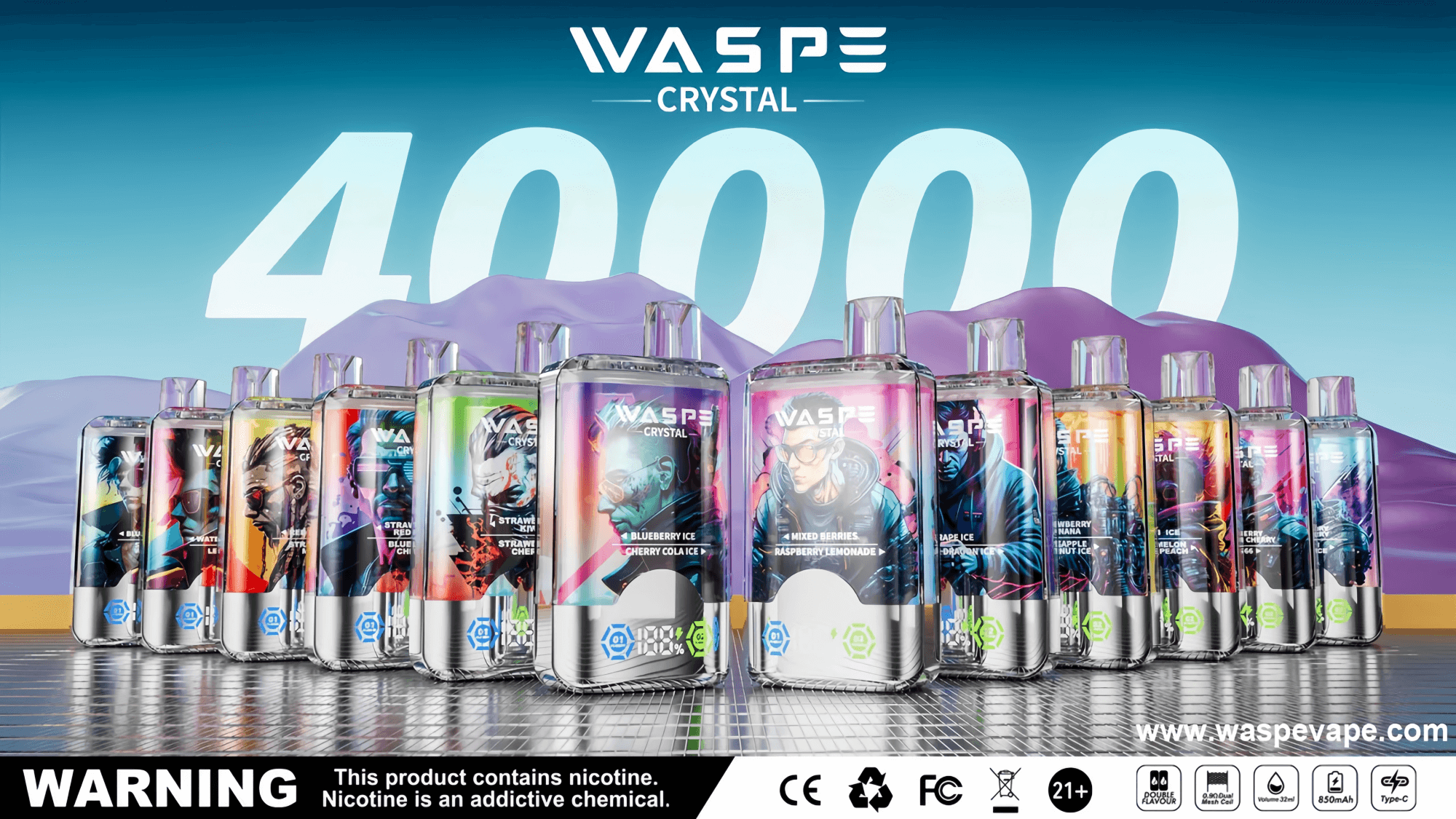 Wasp Crystal ベイプ デバイスのラインアップは、それぞれがカラフルでテーマに沿ったアートワークを特徴としており、下部に「40,000」という大きな文字と製品の詳細が記された様式化された背景に展示されています。