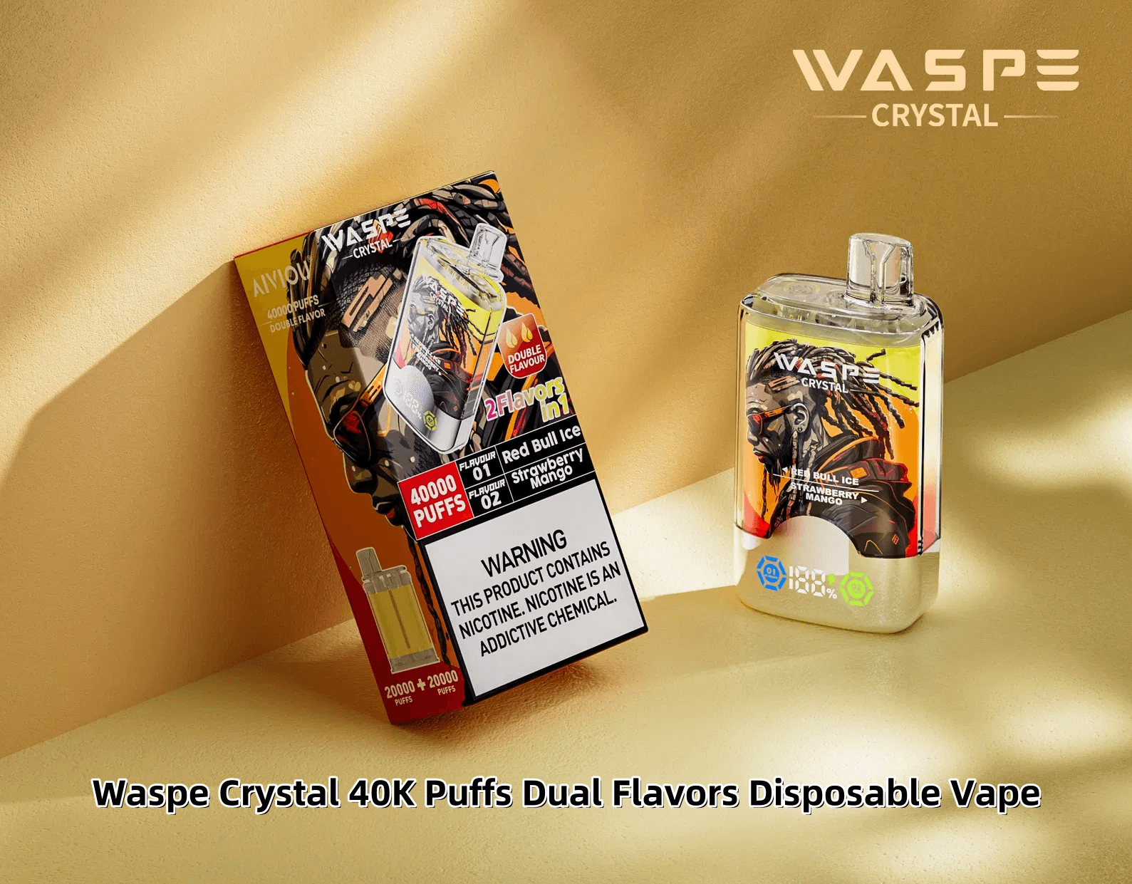 金色の背景に Waspe Crystal 40K Puffs Dual Flavors Disposable Vape を掲載したプロモーション画像。鮮やかなグラフィックと Red Bull Ice および Strawberry Mango というフレーバー名で製品パッケージとデバイスを紹介しています。