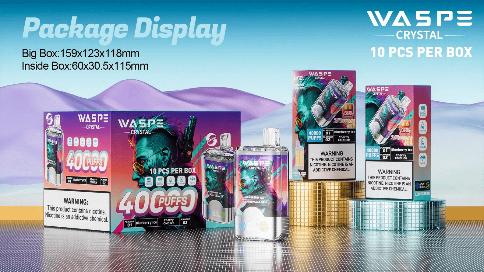 カラフルなグラフィックと製品仕様を特徴とする Wasp Crystal 電子タバコのパッケージの表示。デバイスとボックスは青と紫のグラデーションの背景に配置されています。
