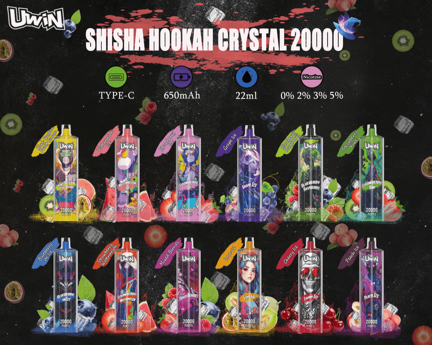Promotional image showcasing Uwin's Shisha Hookah Crystal 20000 puff devices in various fruit flavors, featuring specifications such as Type-C charging, 650mAh battery, 22ml capacity, and multiple nicotine level options.
