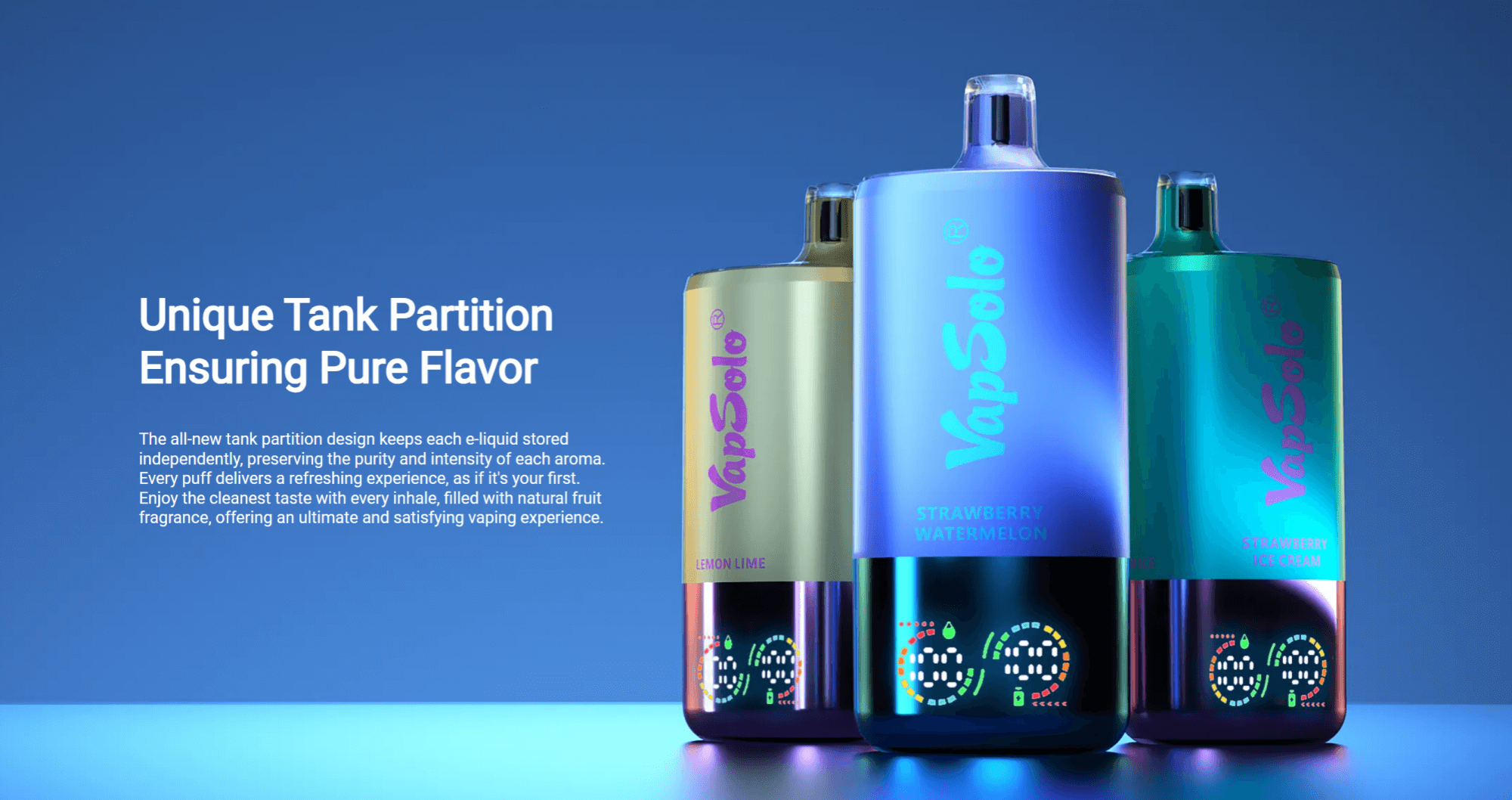Three colorful VapSolo vapes displayed against a gradient blue background, highlighting their elegant glowing designs and flavors such as 'Lemon Lime' and 'Strawberry Watermelon,' alongside text promoting their unique tank partition for pure flavor.
