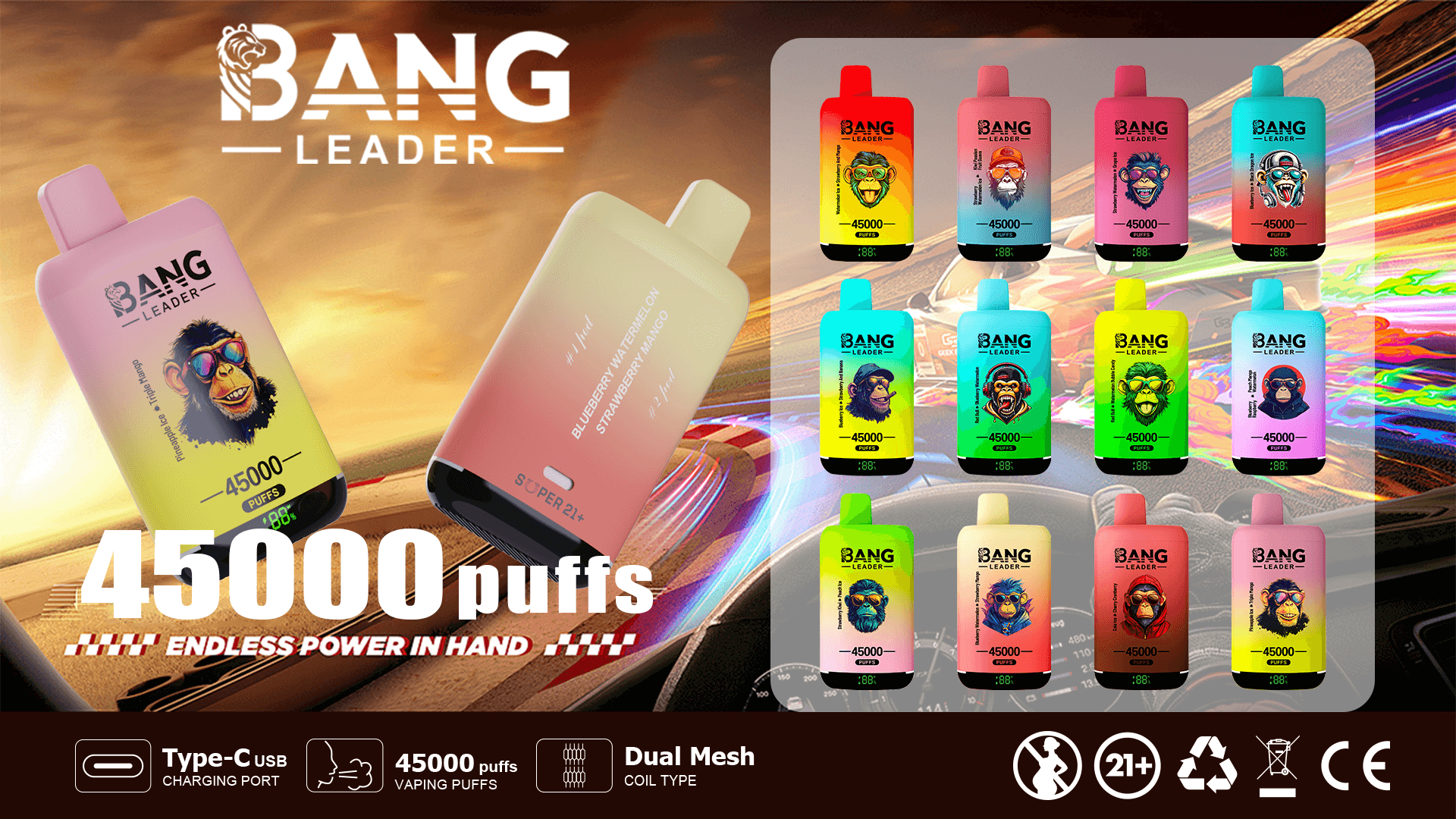 Promotional graphic showcasing Bang Leader vape devices with monkey-themed designs, 45000 puffs, Type-C USB charging port, dual mesh coil type, and compliance badges including 21+ restriction and recycling symbol against a racing background.