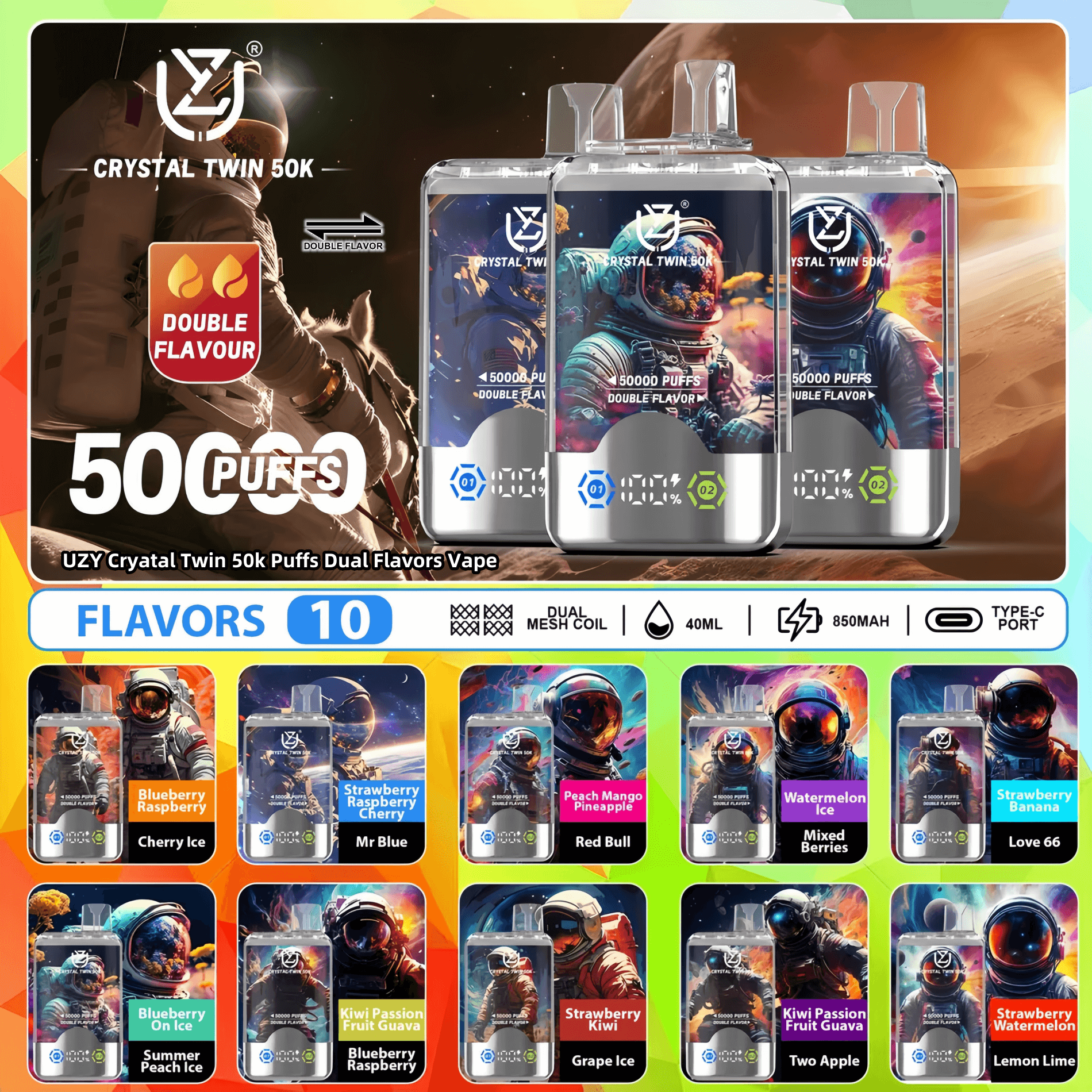 Promotional image for UZY Crystal Twin 50k Puffs vape featuring various dual flavor options illustrated with space-themed designs and astronaut imagery.