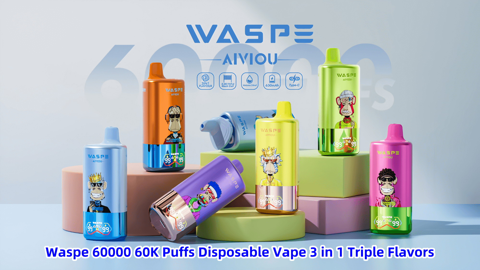 Colorful Waspe disposable vape devices, each with cartoon character designs, displayed prominently in a modern arrangement with large text highlighting "60000 60K Puffs".