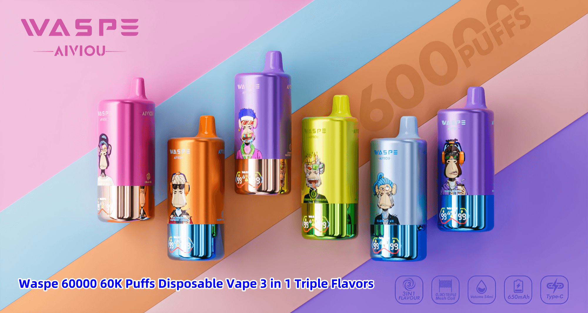 Waspe Aivou disposable vapes in vibrant colors and featuring illustrated monkey characters, advertised as offering 60,000 puffs and triple flavors, set on a colorful geometric background with product details at the bottom.