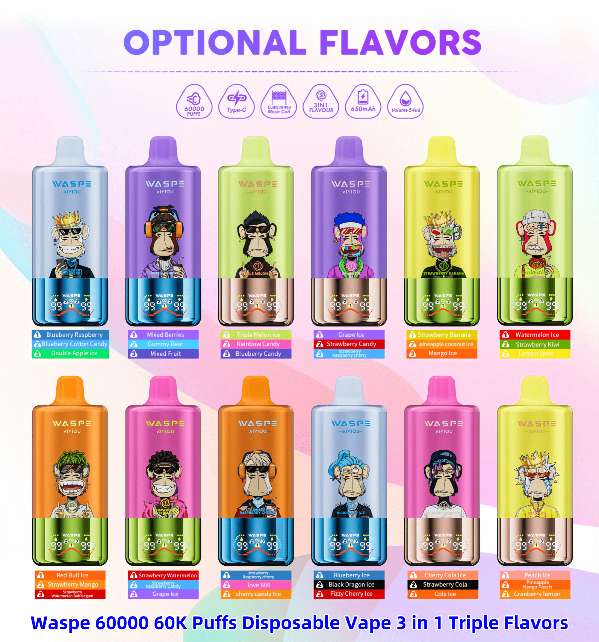 A selection of Waspe disposable vapes showcasing different flavors in colorful packaging, each with an illustrated character design and labeled triple flavors, arranged under the title 'Optional Flavors' with product features like 60000 puffs, Type-C, and 3-in-1 flavor highlighted above.
