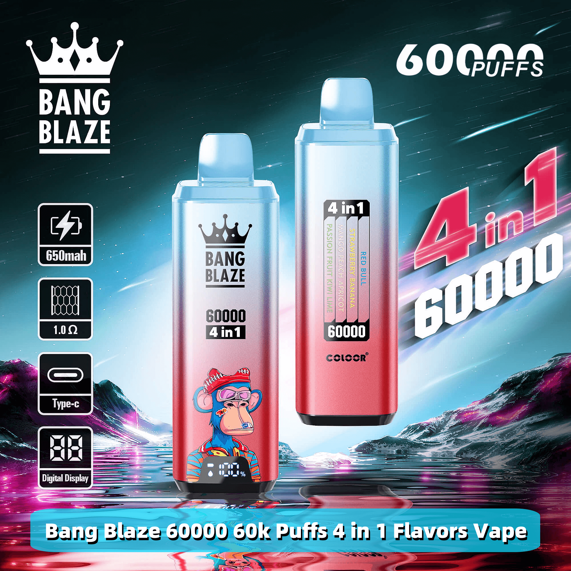 Bang Blaze 60000 60k Puffs Disposable Vape Pen 4 in 1 Flavors 0% 2% 3% 5%  Nicotine 12Tastes with Digital Screen Factory Direct