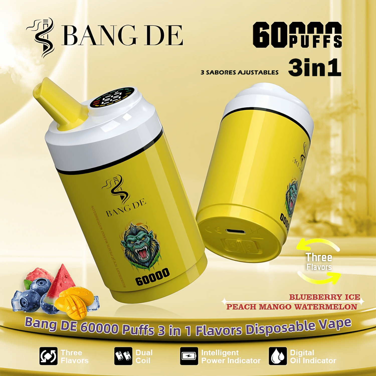 Bang DE 60000 60 000 bouffées Vape Pen jetable 3 en 1 Triple saveurs 0% 2%  3% 5% Nicotine 2 goûts Écran intelligent Direct usine