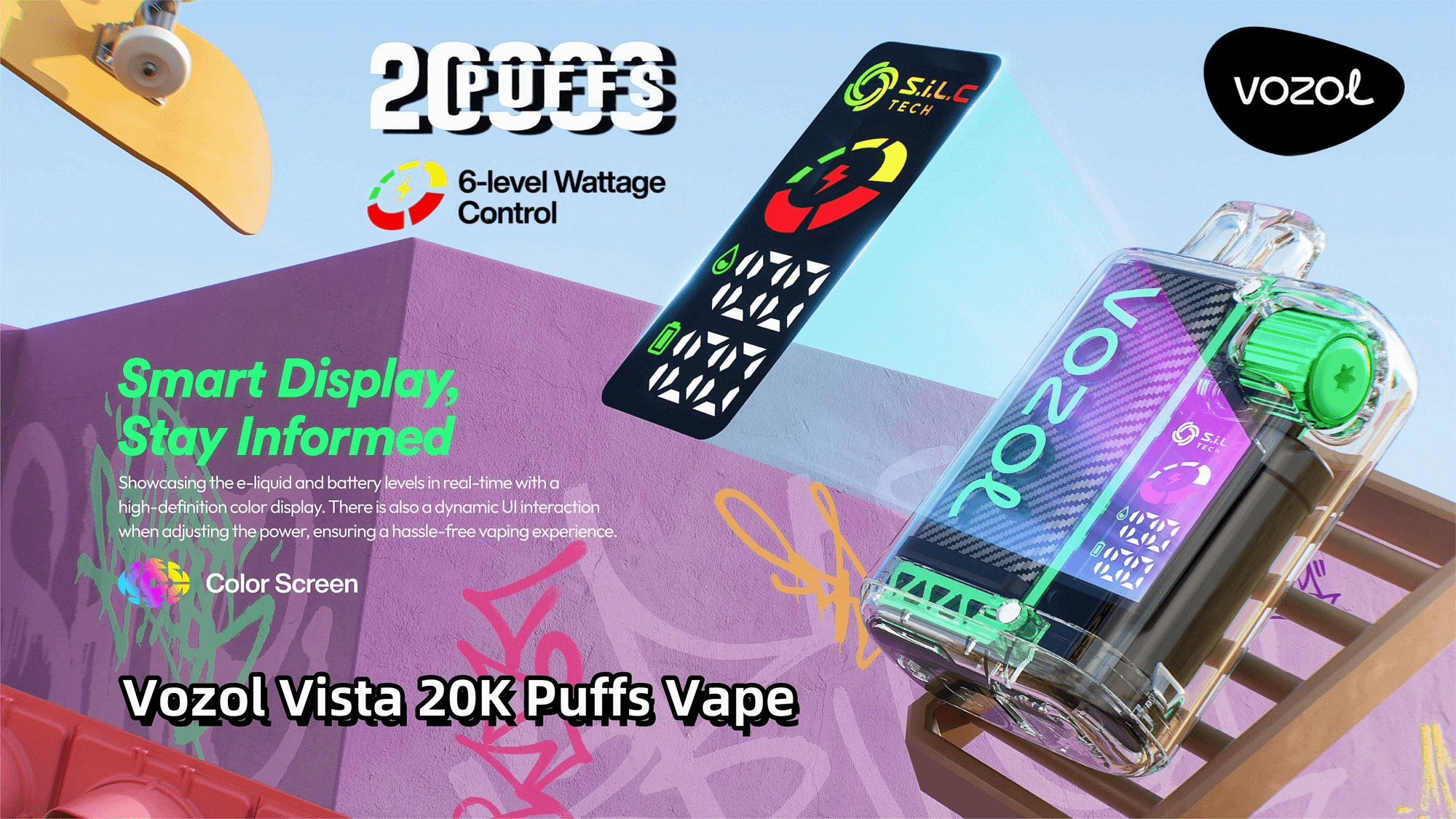 Werbebild mit Vozol Vista 20K Puffs Vape mit farbenfrohen und dynamischen Designelementen, das Funktionen wie Smart Display, 6-stufige Wattsteuerung und hochauflösenden Farbbildschirm vor einer mit Graffiti bemalten Wand und einem Skateboard hervorhebt.