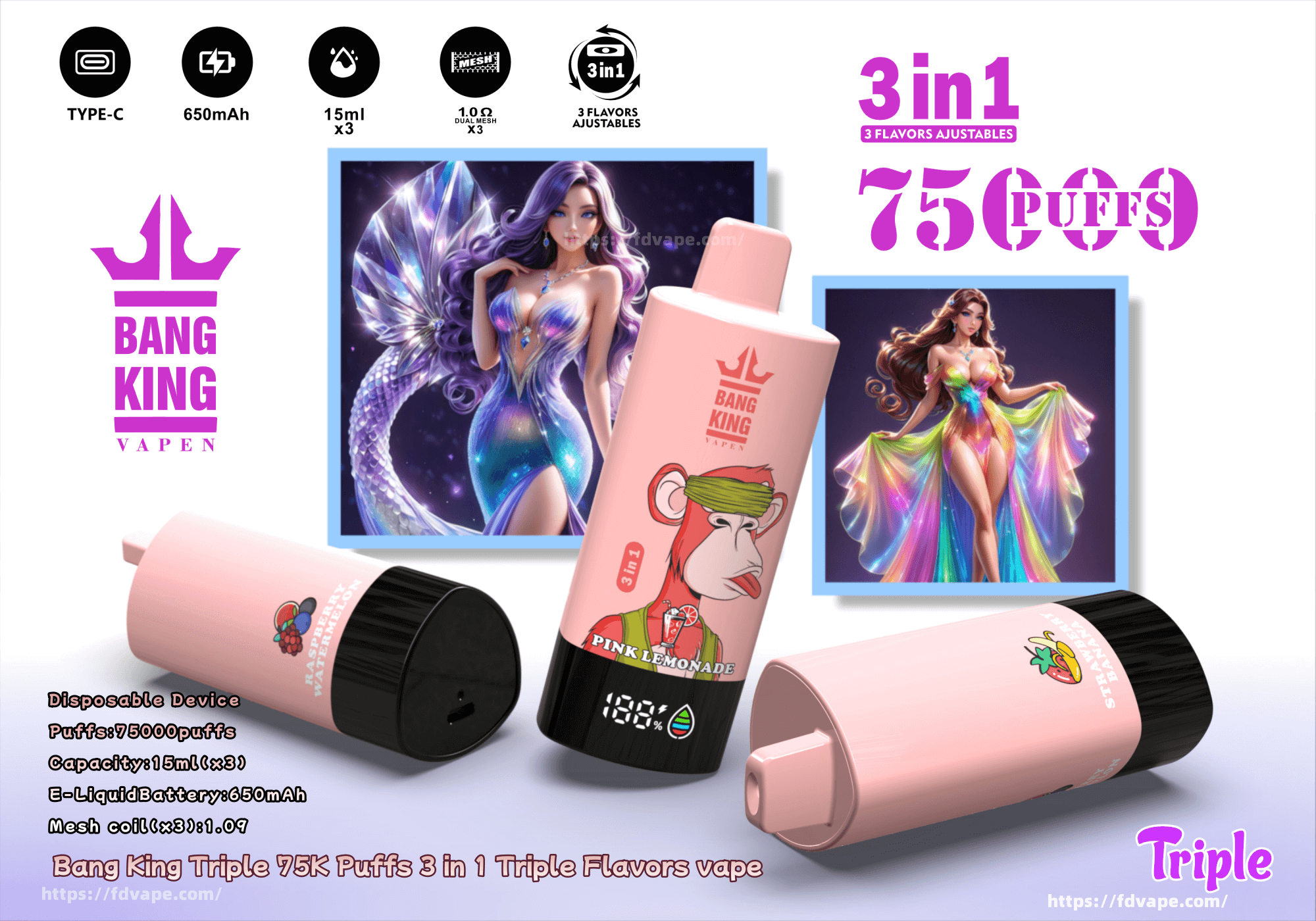 how much is elf bar vape Bang King Triple 75000 75K Puffs Disposable Vape pen 3 in 1 Flavors 0% 2%  3% 5% Nicotine 16Tastes Smart LED Display Factory Direct