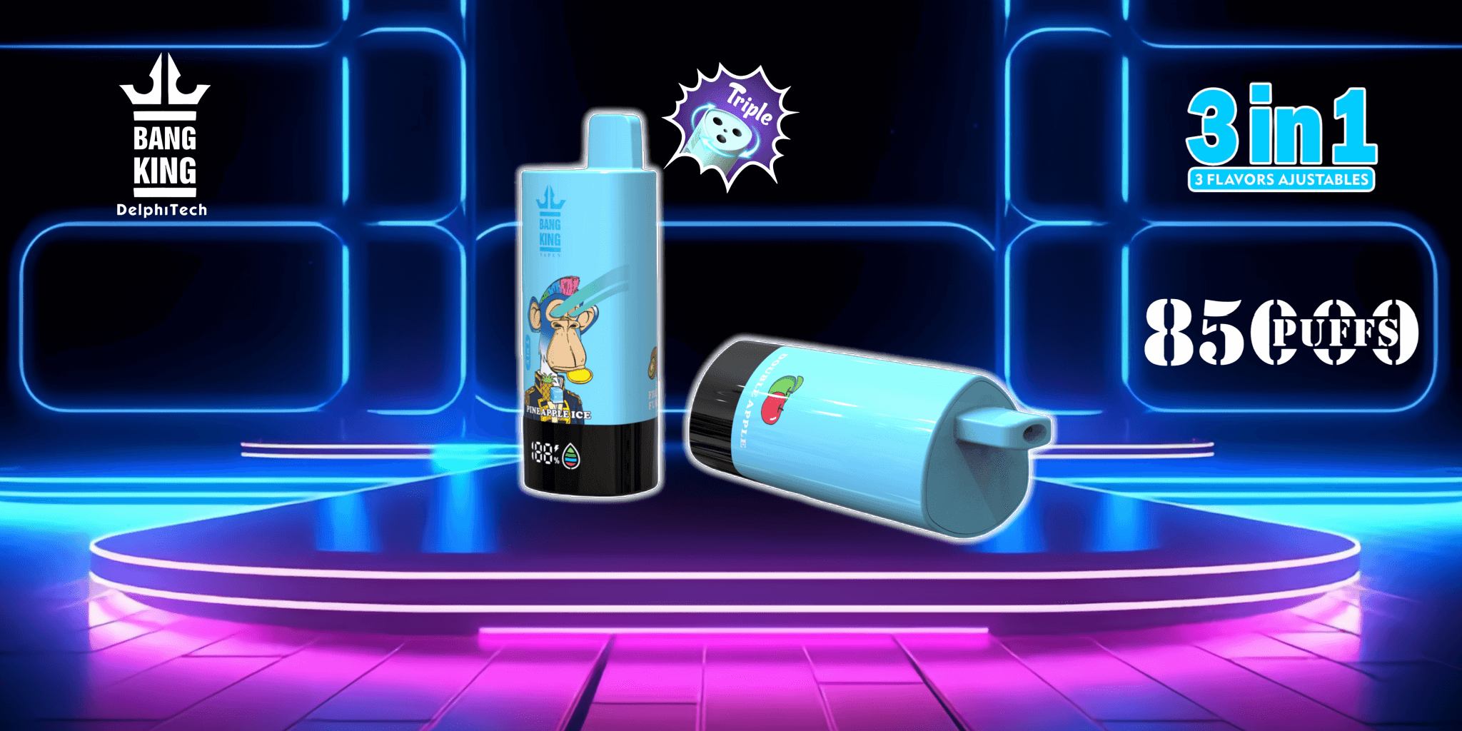 Imagem promocional mostrando o dispositivo de vaporização Bang King DelphiTech 3 em 1 em um ambiente iluminado por neon, destacando recursos como sabores ajustáveis, capacidade para 8.500 tragadas e design ilustrado exclusivo.