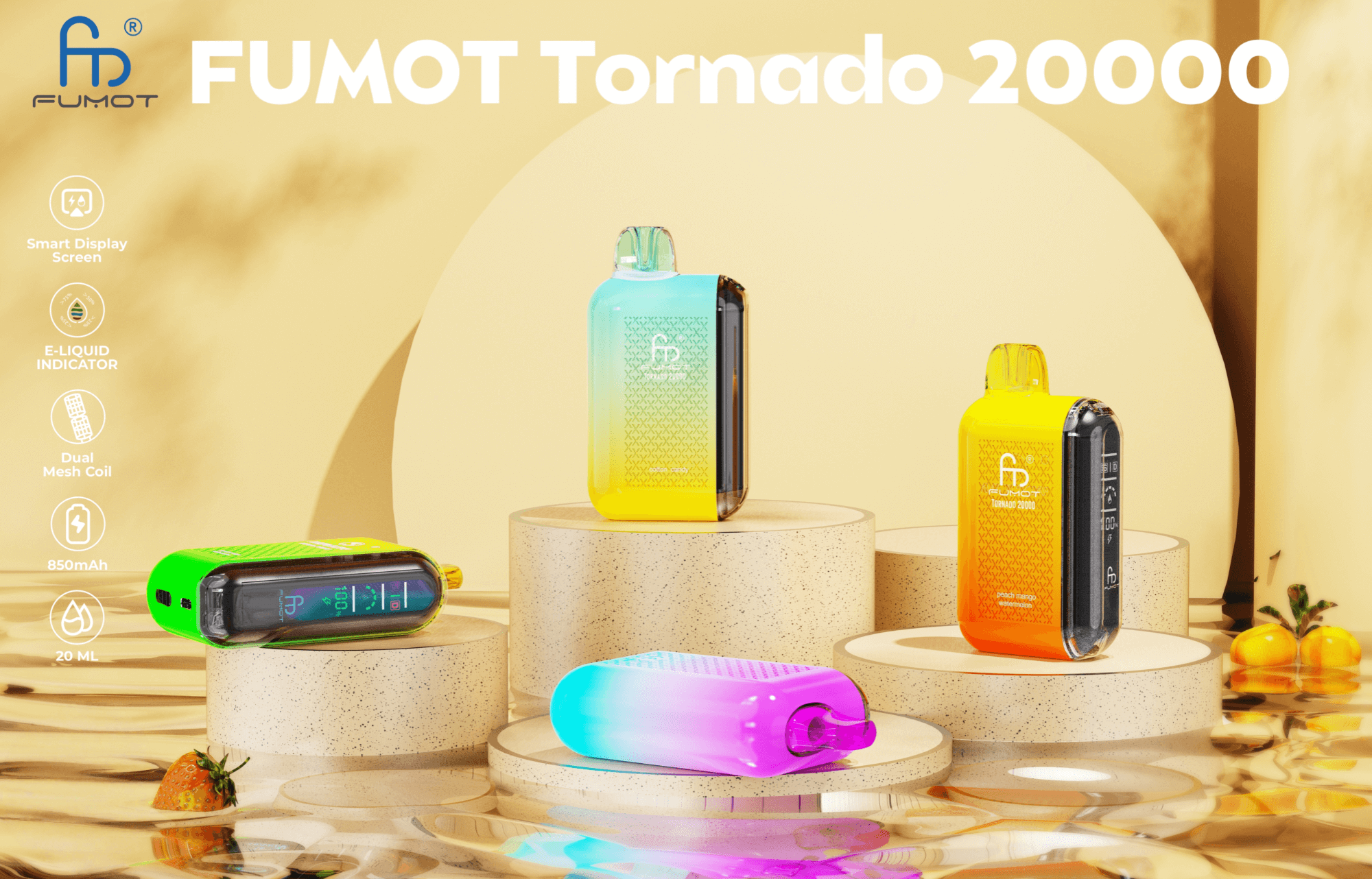 Quatre appareils de vapotage FUMOT Tornado 20000 colorés sont posés sur des podiums cylindriques dotés de fonctionnalités telles que des écrans d'affichage intelligents, des indicateurs d'e-liquide, des bobines à double maille et une batterie de 850 mAh mises en évidence par du texte sur un fond chaud et réfléchissant.