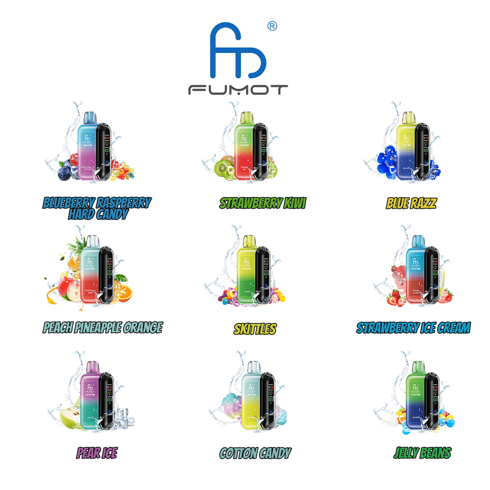 Grille de contenants d'e-liquide colorés avec le logo de la marque « Fumot » en haut, présentant diverses saveurs de fruits et de bonbons comme les bonbons durs à la myrtille et à la framboise, la fraise et le kiwi, le Blue Razz, la pêche, l'ananas et l'orange, les Skittles, la glace à la fraise, la glace à la poire, la barbe à papa et les bonbons gélifiés.