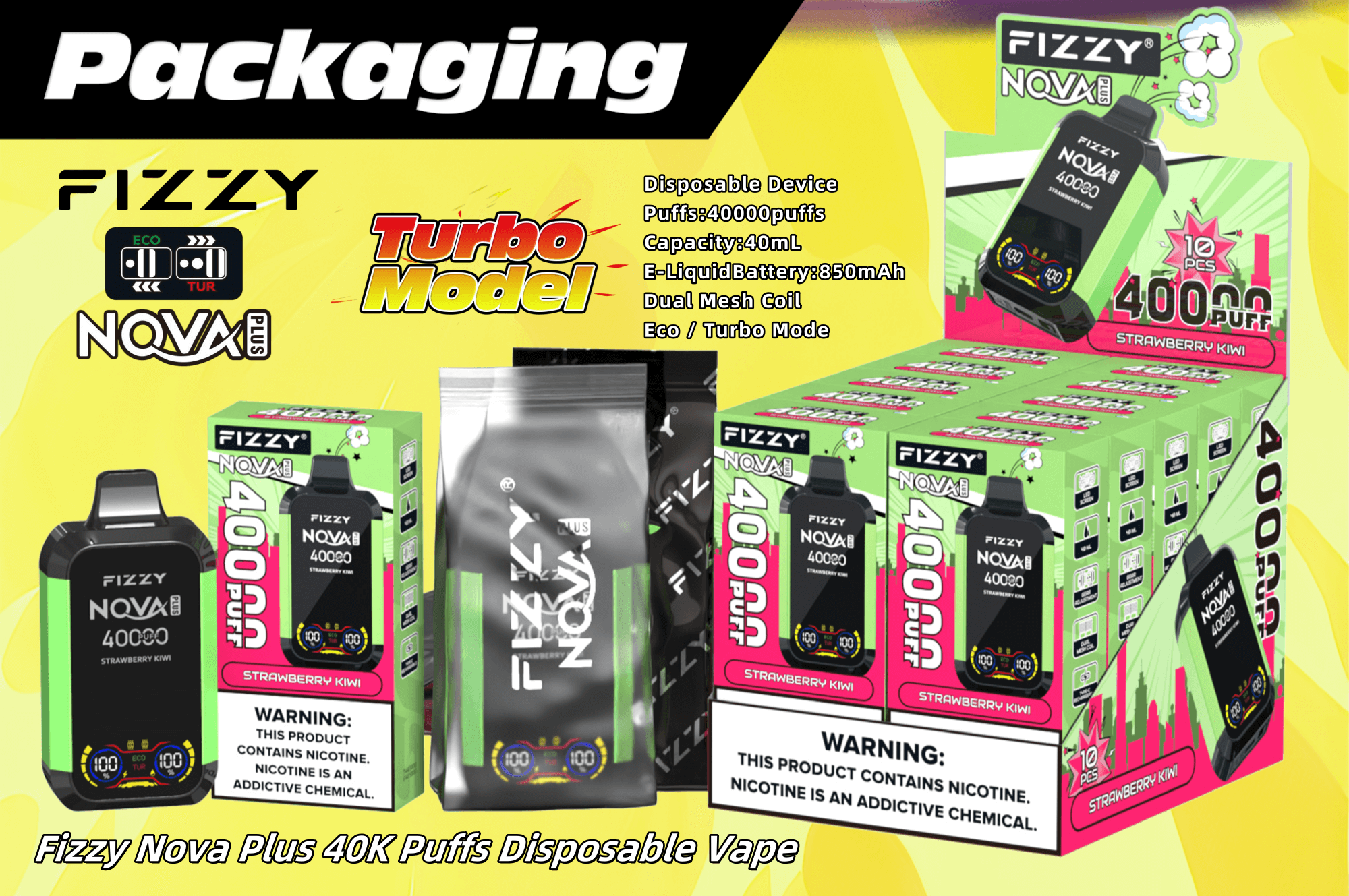 Promotional image for Fizzy Nova Plus disposable vape with specifications, packaging, and Strawberry Kiwi flavor highlighted.
