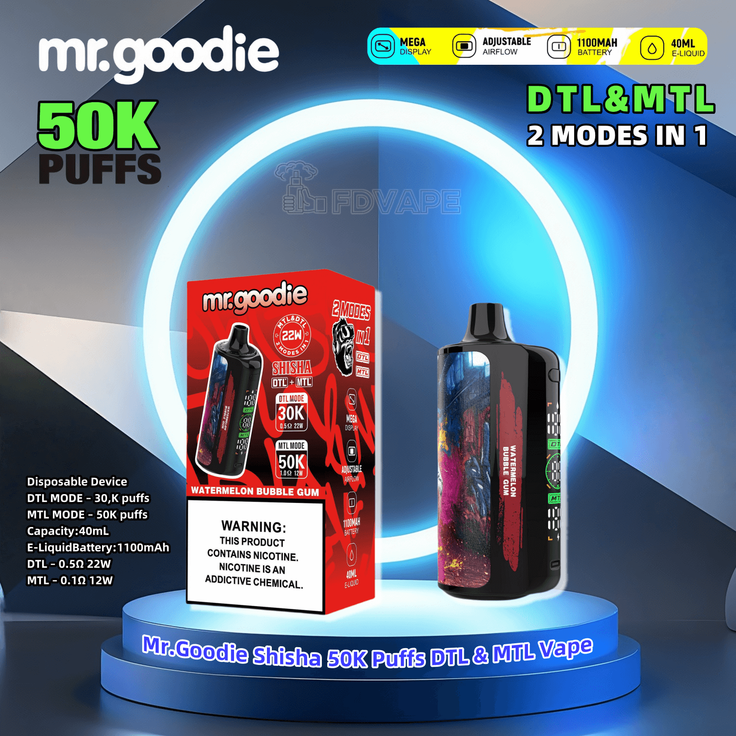 Mr.Goodie Shisha 50000 50K Puffs Disposable Vape DTL & MTL 3% 6% Nicotine  12Tastes LCD Display Factory Direct