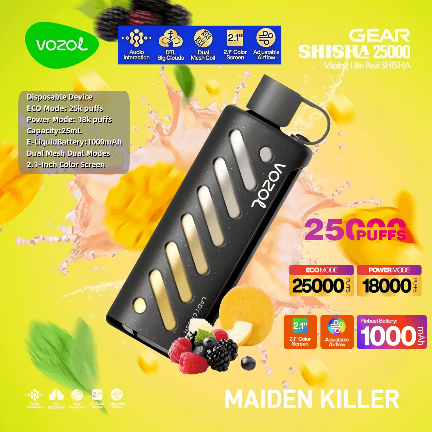 Vozol Gear Shisha 25000 25K Puffs Disposable Vape Adjustable Airflow 5%  Nicotine 16Tastes Dual Modes Mirror Screen Factory Direct