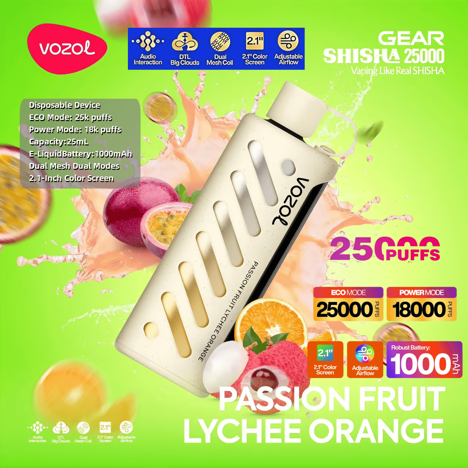 Vozol Gear Shisha 25000 25K Puffs Disposable Vape Adjustable Airflow 5%  Nicotine 16Tastes Dual Modes Mirror Screen Factory Direct