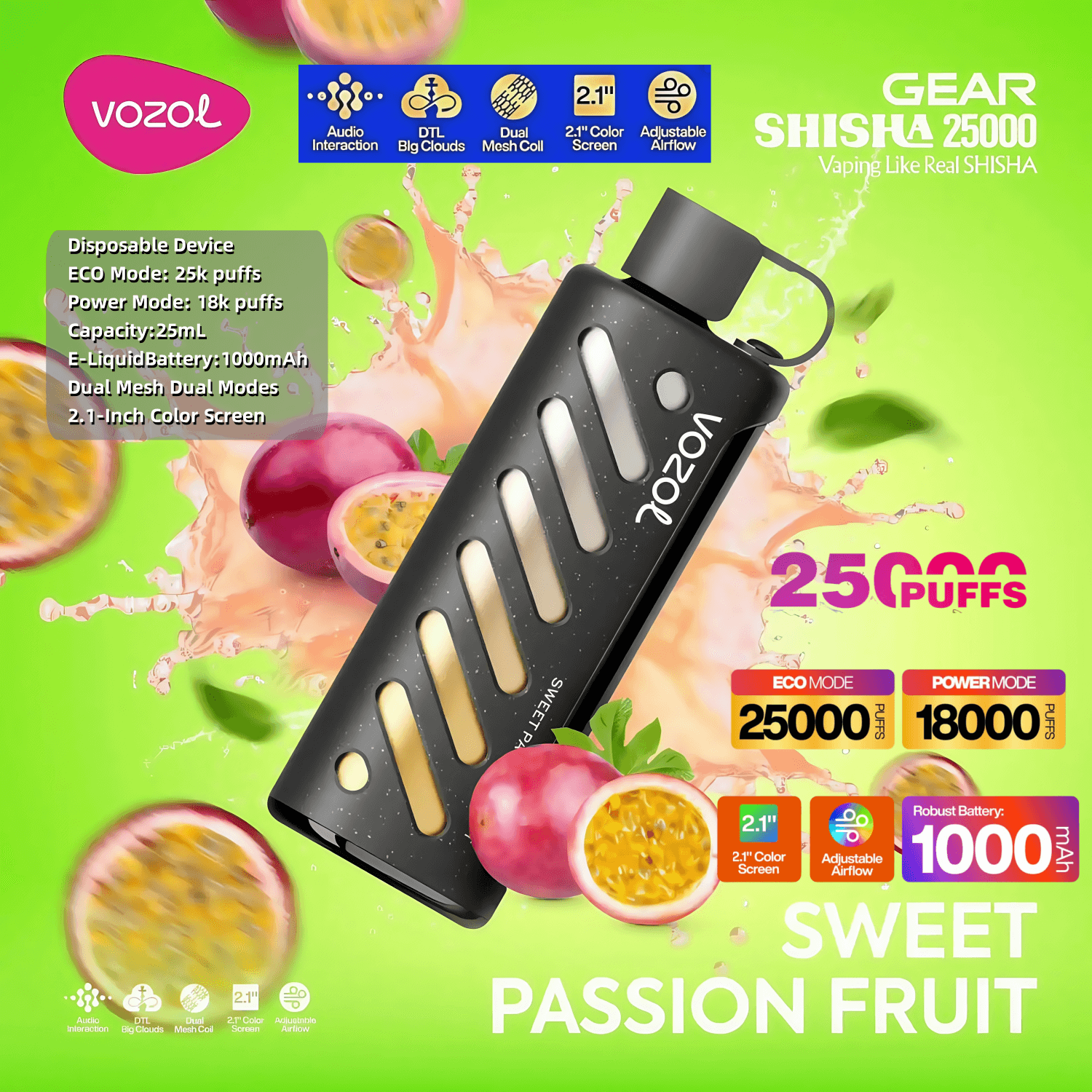Vozol Gear Shisha 25000 25K Puffs Disposable Vape Adjustable Airflow 5%  Nicotine 16Tastes Dual Modes Mirror Screen Factory Direct
